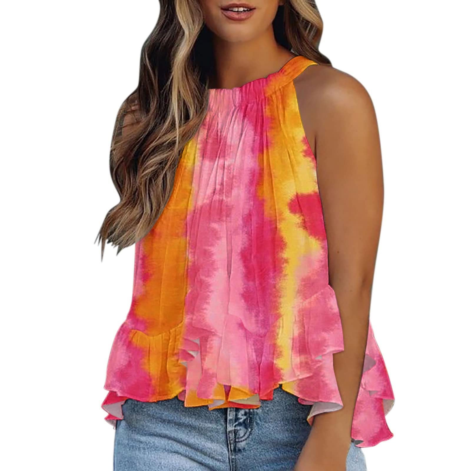 Women's Floral Ruffle Hem Halter Tank Tops - Dressy Flowy Sleeveless Off Shoulder Shirts for Summer, Beach, Party & Casual Wear