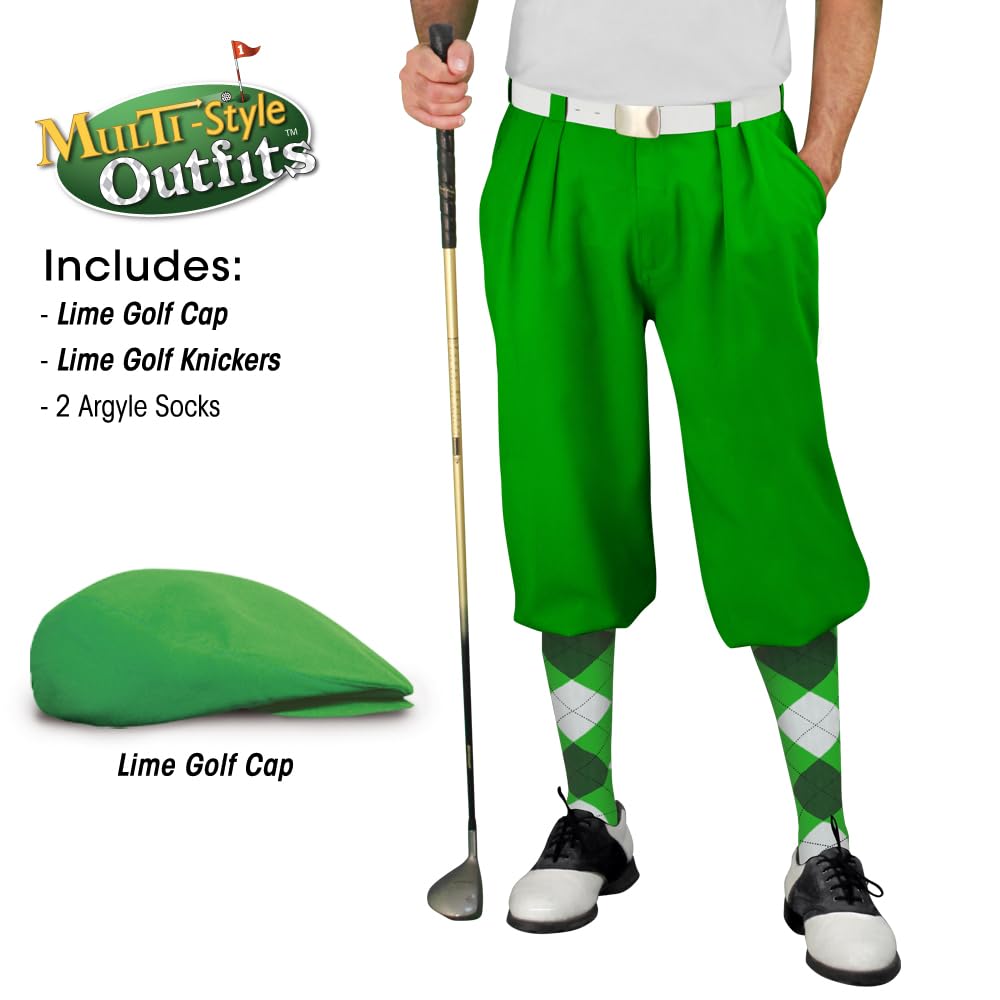 Men's Stylish Lime Green Golf Outfit Set - Matching Knickers & Cap with 2 Over-The-Calf Socks - Perfect for Golf Tournaments & Summer Sports