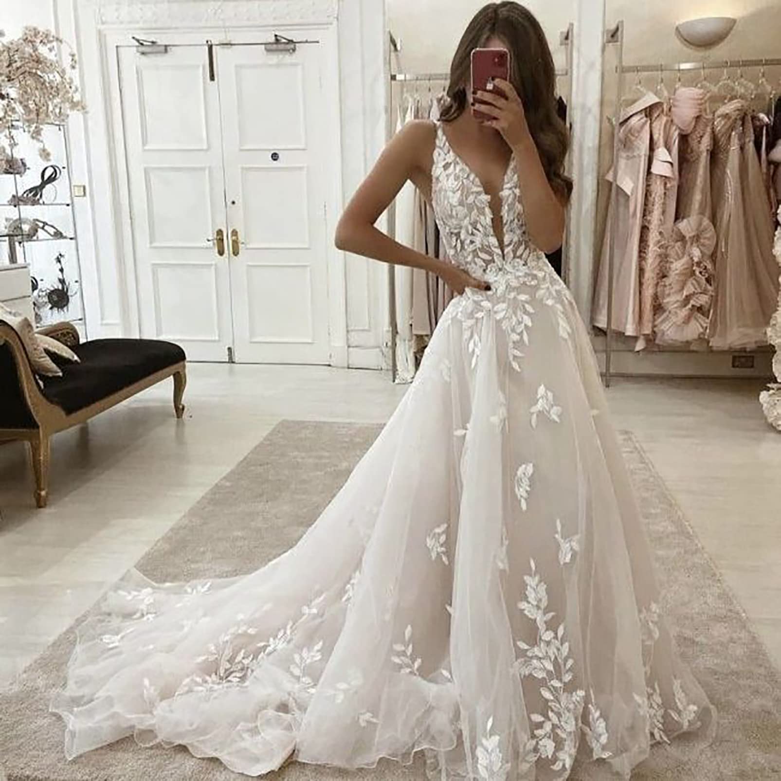 Bohemian Vintage White Wedding Dress for Women - V-Neck A-Line Beach Bridal Gown with Lace Appliques & Suspenders | Perfect for Summer Weddings, Beach Ceremonies & Evening Receptions