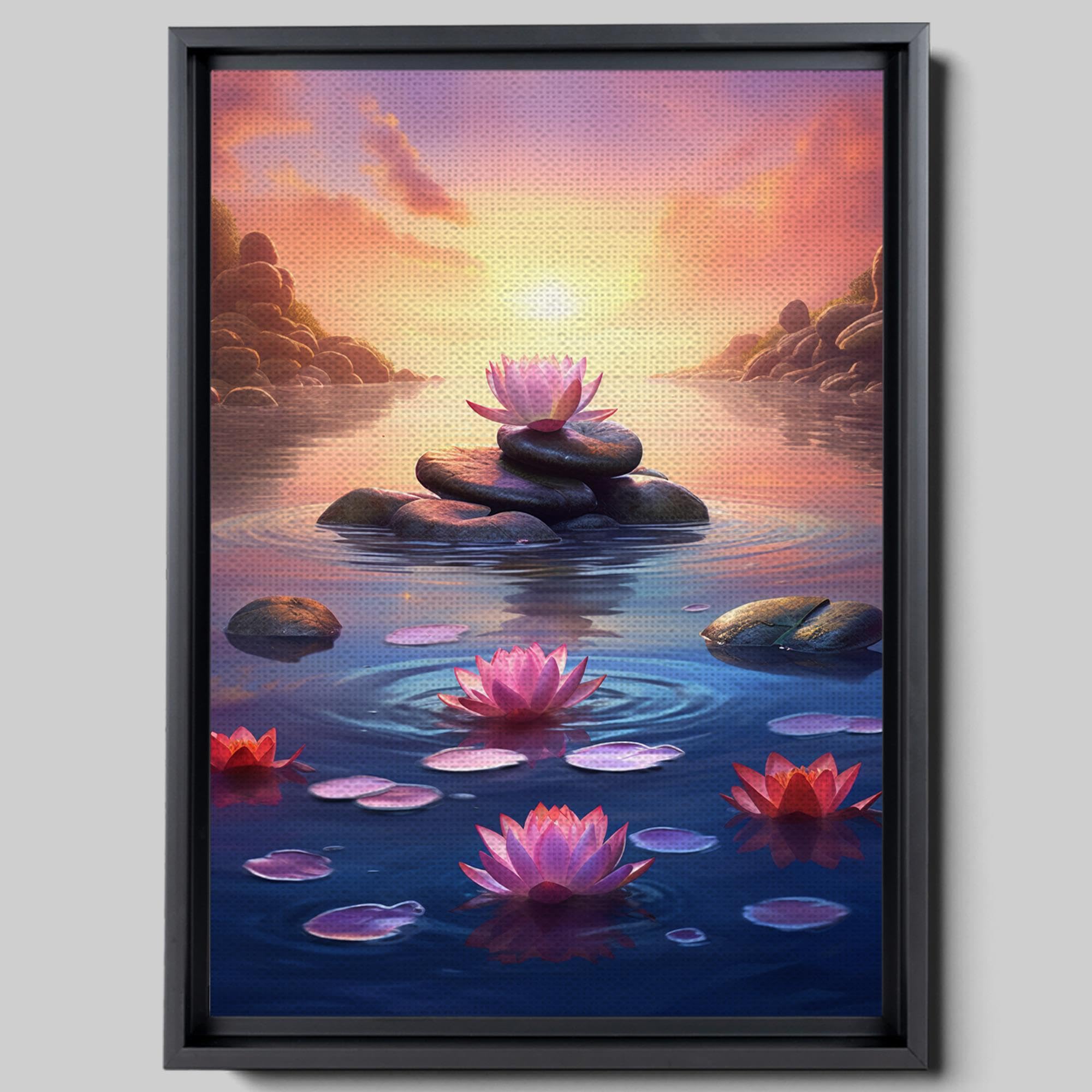 Zen Wall Art Decor - Framed Canvas Zen Garden with Stone Flower & Peaceful Water Sunset Print - Meditation & Yoga Room Decor for Home, Office, Spa - Perfect for Relaxation & Mindfulness Spaces