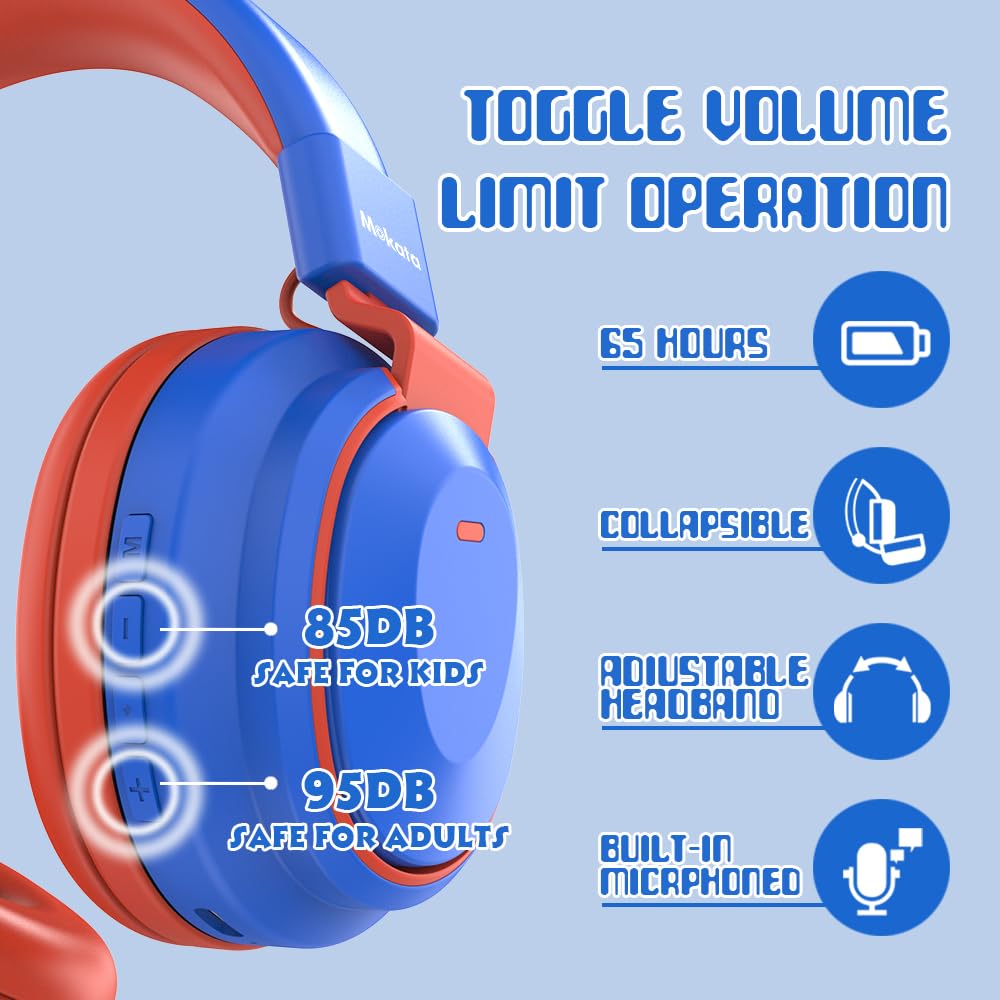 Bluetooth 5.3 Wireless Kids Headphones - 60H Playtime, Volume Limited 85/110dB, Over-Ear Foldable Design with Aux Cable & Mic - Compatible with iPad, Tablet, Notebook - Perfect for School, Travel, Home Use (Blue)