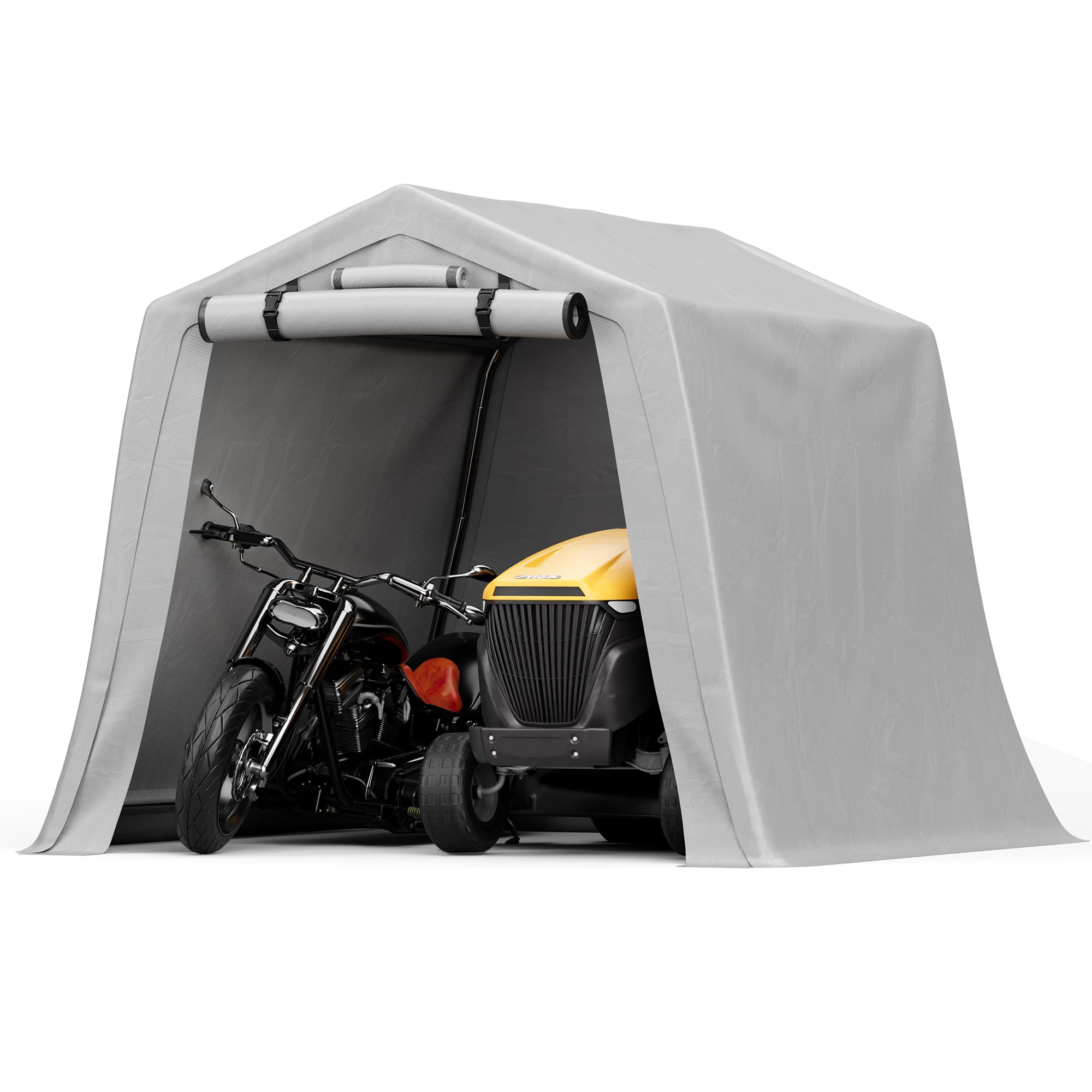 Greesum 8x8ft Heavy Duty Outdoor Storage Shed Canopy - Waterproof & UV Resistant Portable Shelter with Roll-up Zipper Door for Bike, Motorcycle, Garden Tools - Perfect for Backyard, Patio, and Garage Storage (Gray)