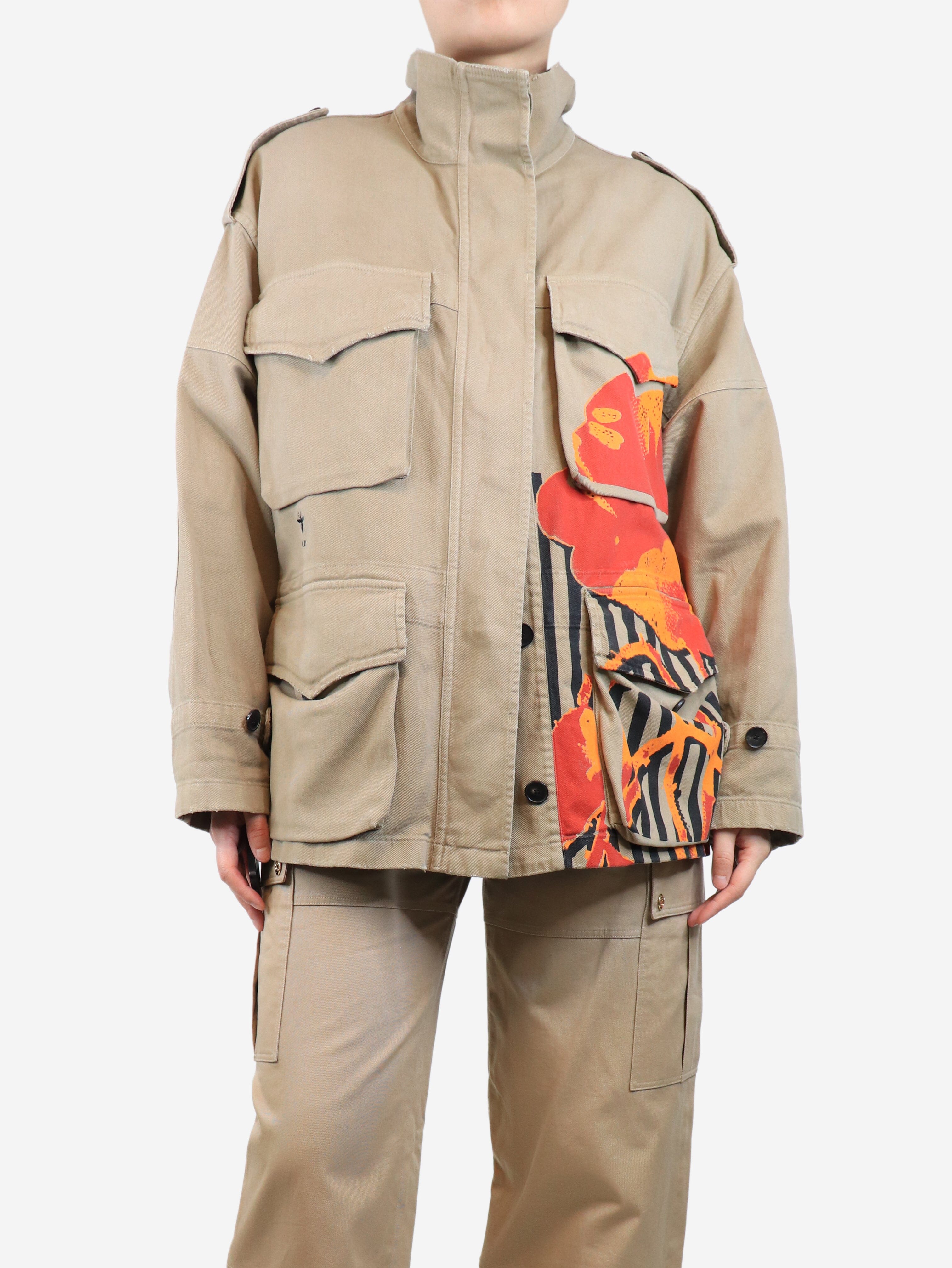 Beige Utility Print Jacket - Women's Size UK 10 (US 6) | Water-Resistant Outdoor Jacket for Hiking, Camping & Everyday Wear