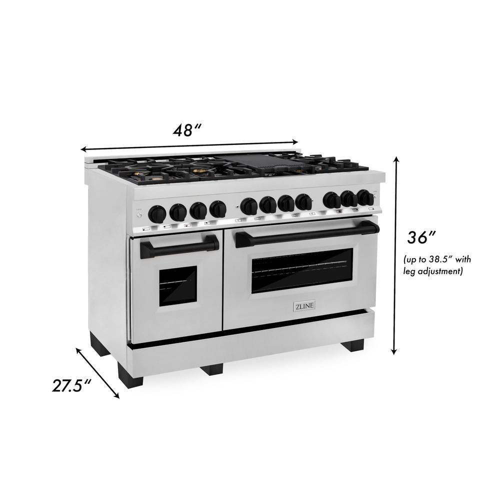 ZLINE Autograph Edition 48-inch Stainless Steel Kitchen Package - Dual Fuel Range, Range Hood, Dishwasher & Refrigerator with Matte Black Accents (4KAPR RARHDWM48 MB) | Premium Appliance Bundle for Modern Kitchens & Luxury Home Renovations