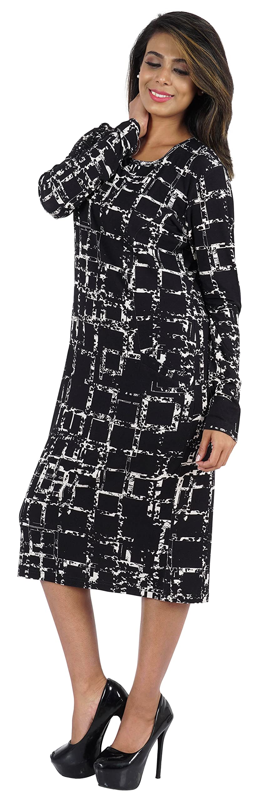 Bimba Women's Printed Long Bodycon Dress with Pockets - Full Sleeve Midi Dress for Casual Wear, Party & Office Outfits