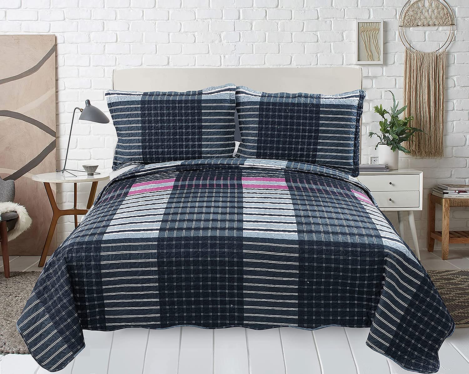 Plaid 3-Piece Bedspread Set King - Cozy Tartan Quilt for Bedroom Decor