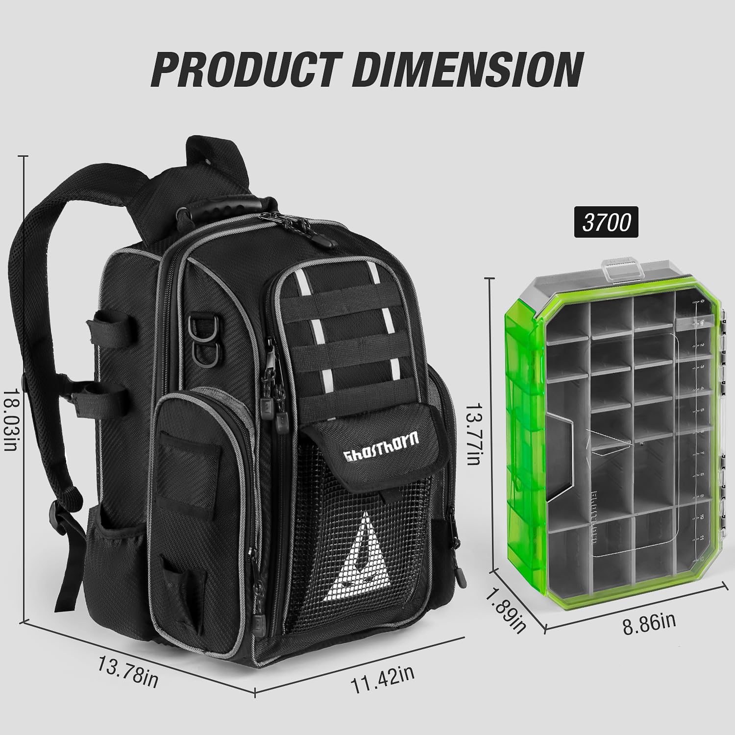 Ghosthorn 40L Waterproof Fishing Backpack with 2 x 3700 Tackle Boxes & Rod Holders - Large Outdoor Fishing Gear Storage Bag for Bass, Trout, Saltwater Fishing - Perfect for Shore, Boat & Kayak Anglers
