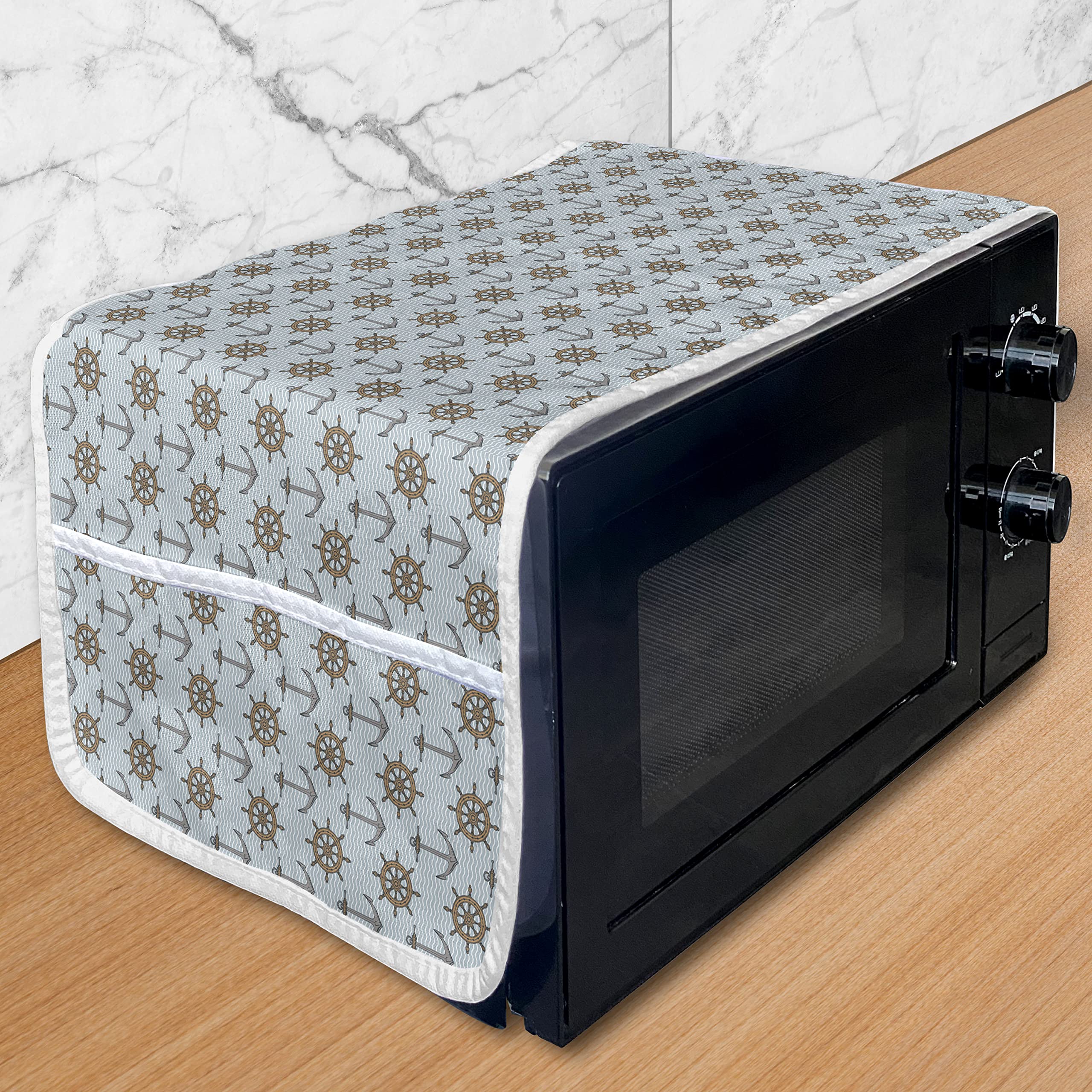 Ambesonne Waterproof Microwave Cover - Marine Sailing Theme with Anchors & Steering Wheels Design, 36