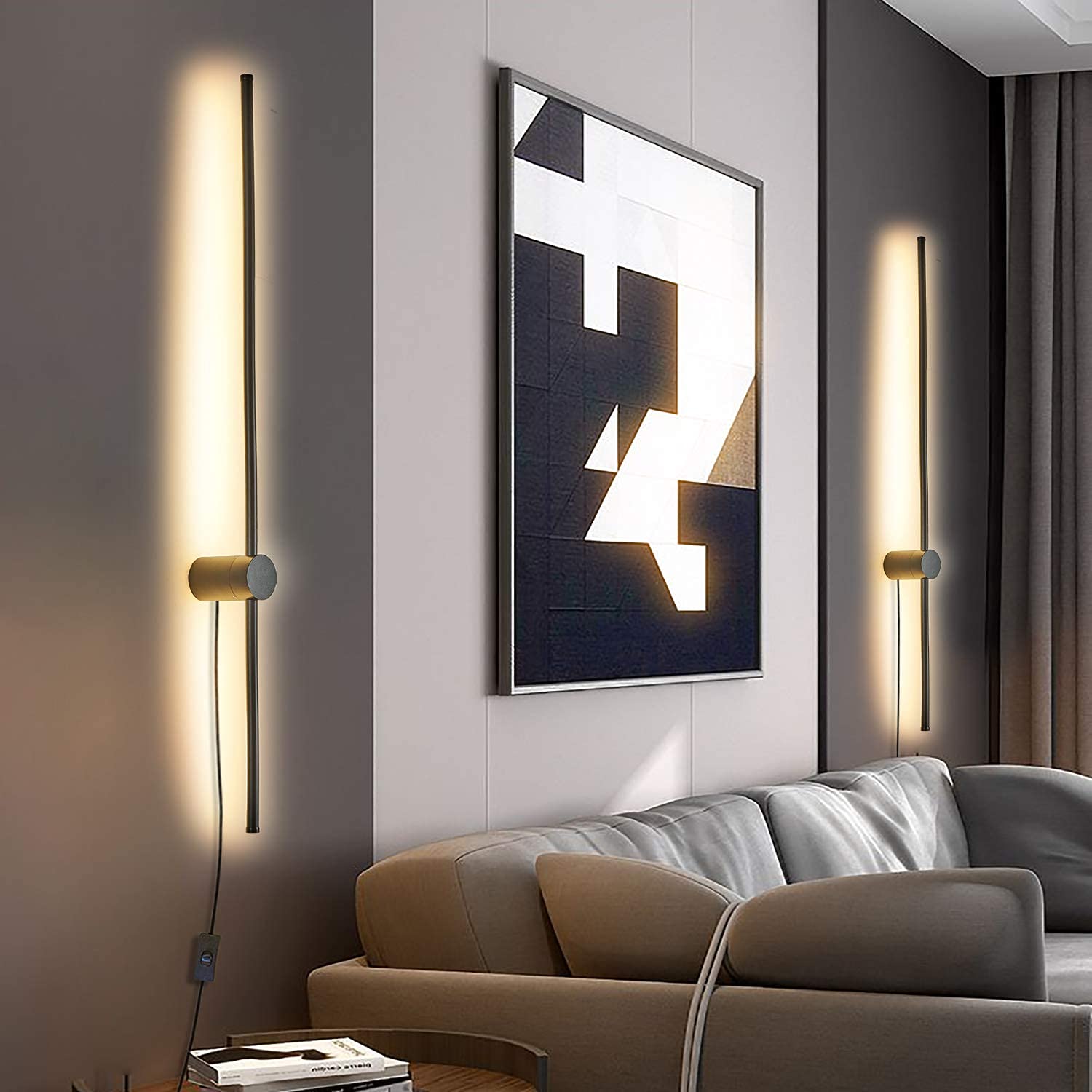Modern Plug-in Wall Sconce Set of 2 - Black LED Wall Lights with On/Off Switch & 39.4
