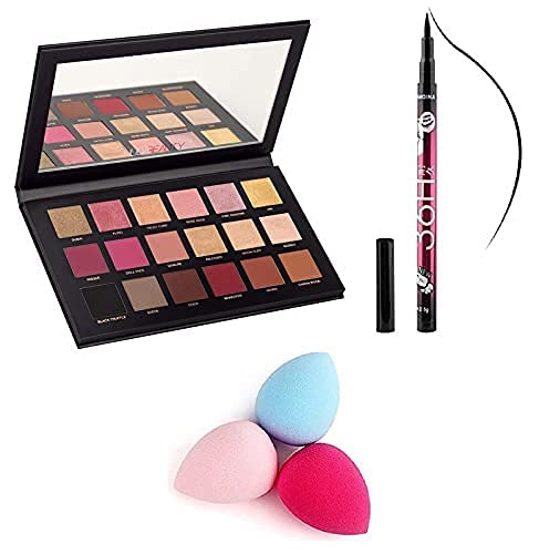 FOZZBY 18-Color Rose Gold Eyeshadow Palette with Eyeliner & 3 Beauty Blenders - Makeup Kit for Professional & Everyday Glam Looks