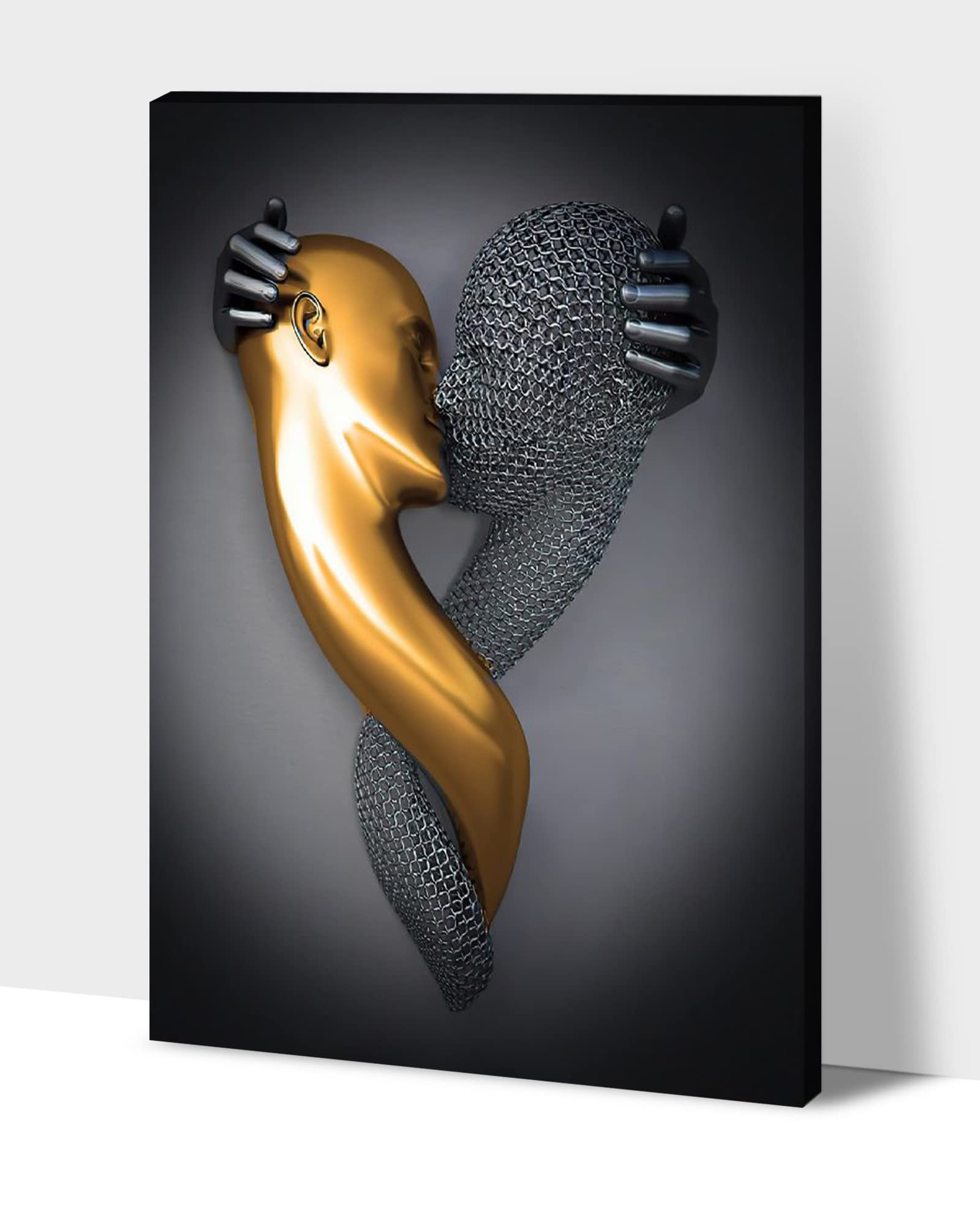 3D Metal Effect Love Heart Gray Canvas Wall Art - Romantic Kissing Couple Painting for Bedroom & Living Room Decor - Modern Valentine's Day Gift for Couples (32x48 Inches) - Perfect for Anniversary, Wedding, or Home Decoration