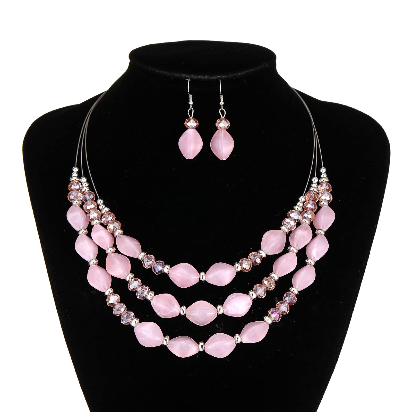 3-Layer Chunky Statement Necklace Set for Women - Beaded Strand Necklace with Matching Earrings - Fashion Jewelry Gift Set for Parties, Weddings & Special Occasions