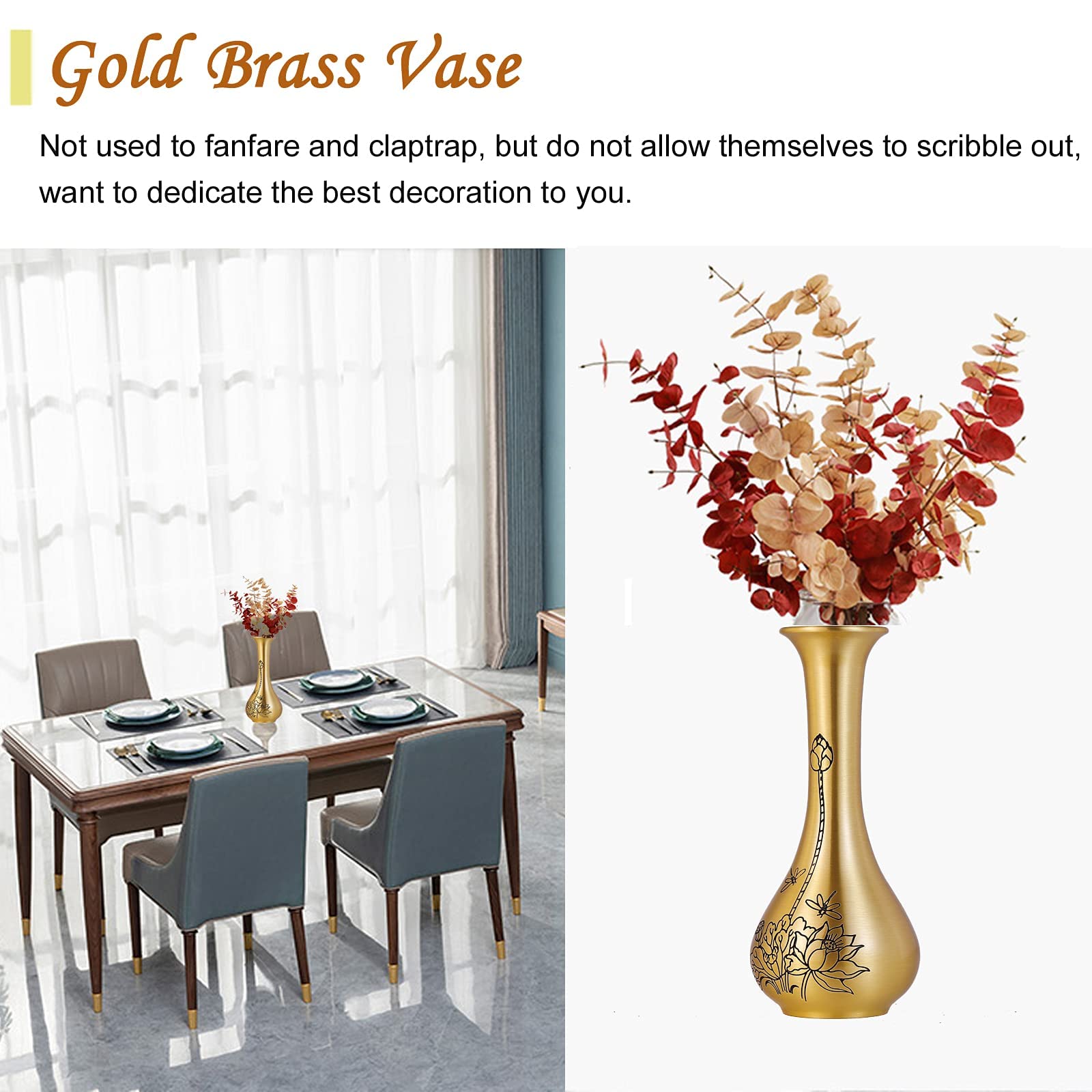 Gold Brass Vase with Special Engraved Pattern - 7.88 Inch Tall Metallic Decorative Centerpiece for Home, Wedding & Events | Elegant Table Decor, Bookshelf Accent & Flower Arrangement | Perfect for Living Room, Dining Table & Gift Giving