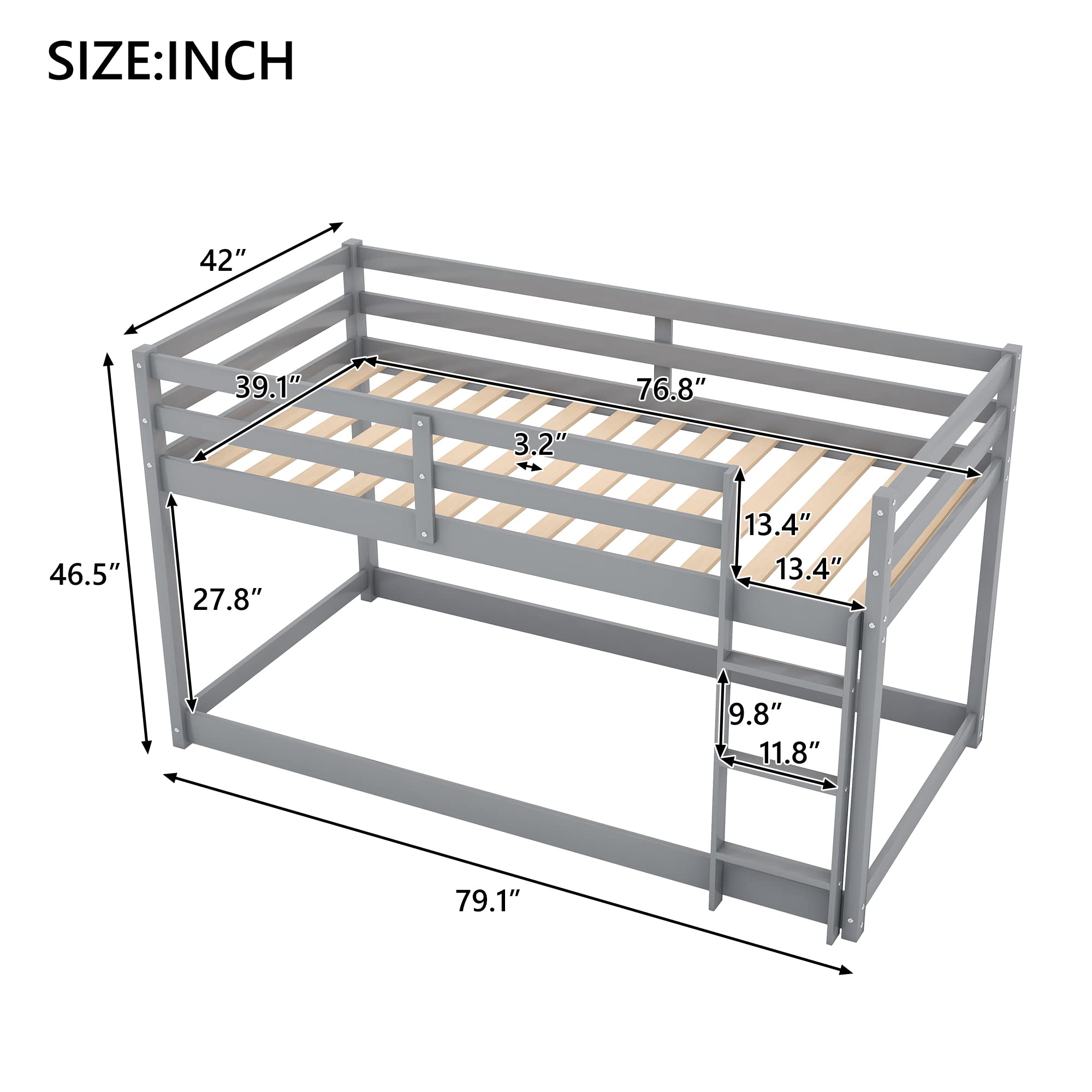 Twin Over Twin Bunk Bed with Ladder & Safety Guardrails - Solid Pinewood Bed Frame for Kids - Space Saving Low Floor Bunk Bed for Boys and Girls Bedroom - No Box Spring Needed - Perfect for Small Rooms, Shared Kids Rooms & Vacation Homes (Gray)