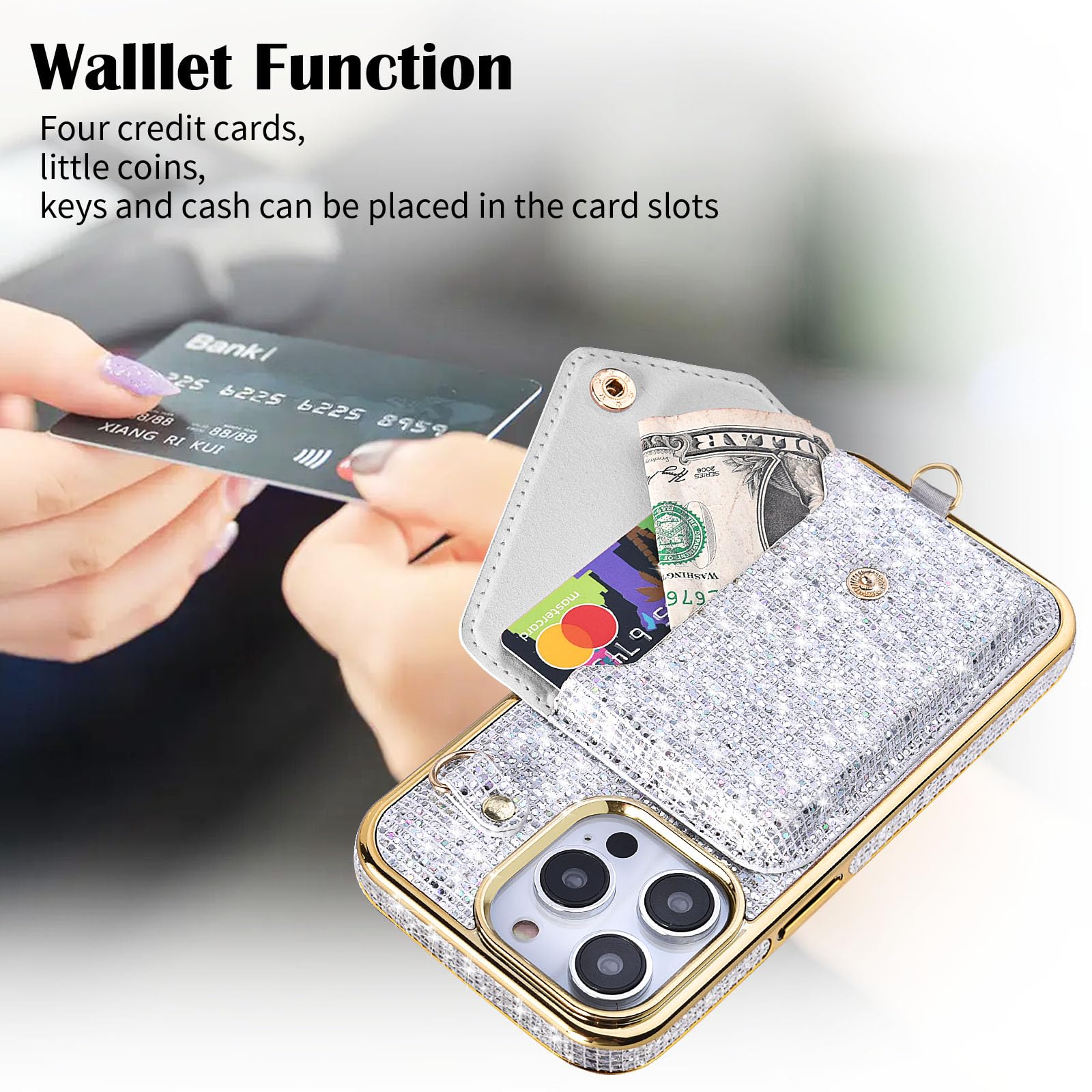 V-MORO Glitter Leather Wallet Case with Metal Chain for iPhone 15 Pro (6.1 inch) - Shiny Protective Purse Phone Cover for Women, Silver/Rainbow Glitter | Perfect for Parties, Shopping & Everyday Use
