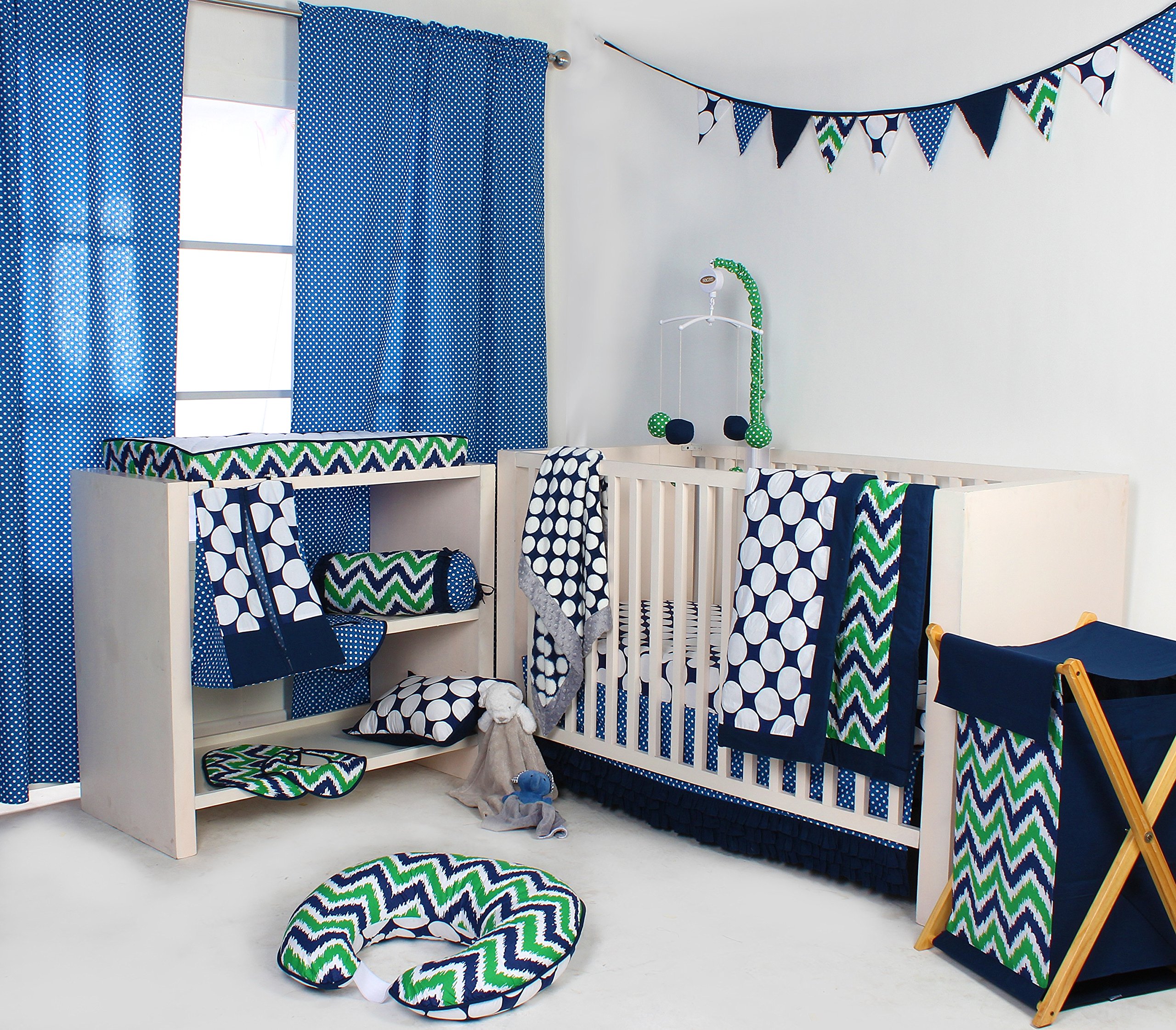 Bacati Mix N Match Zigzag Laundry Hamper Basket - Navy & Green - Stylish Storage for Bedroom, Bathroom, or Closet Organization