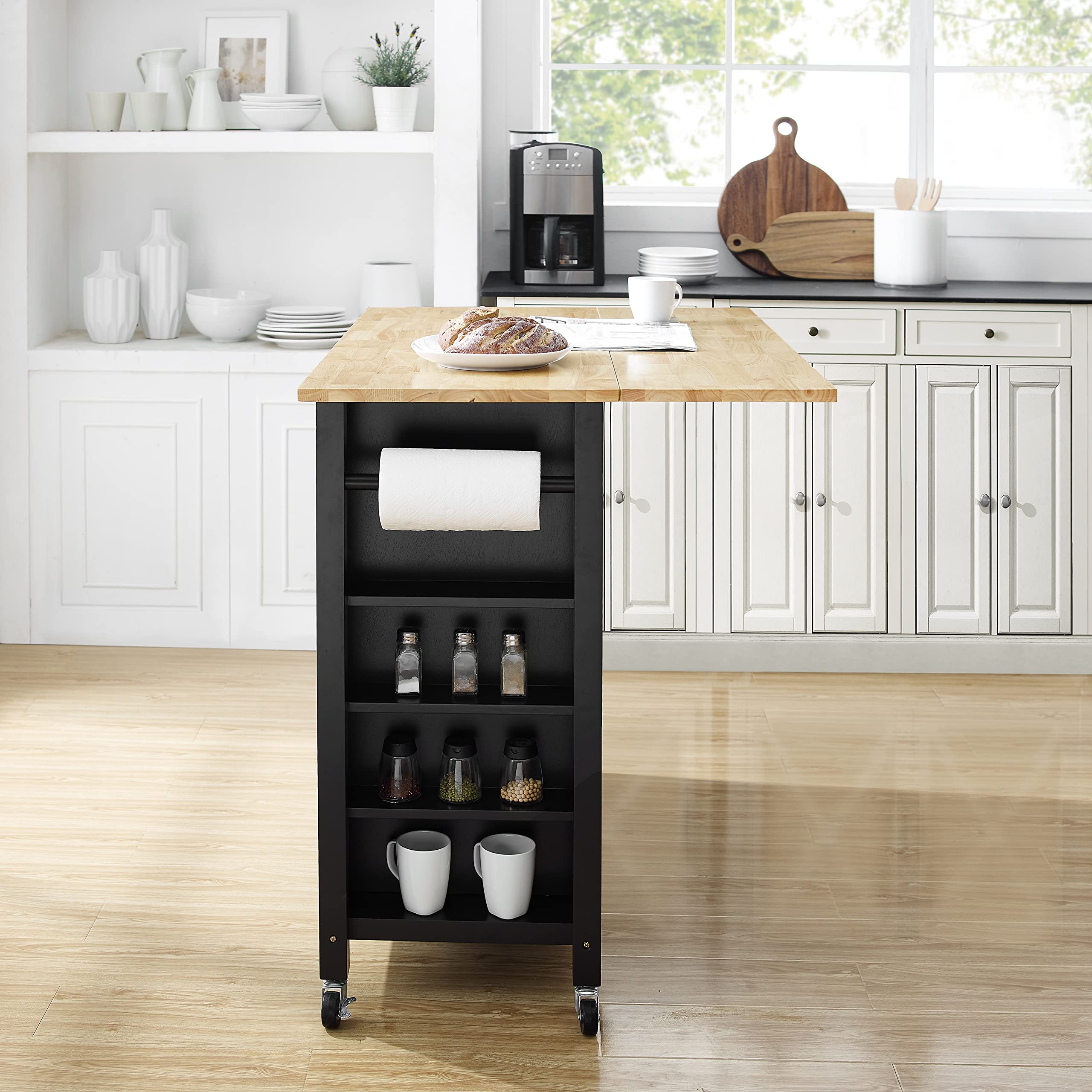 Crosley Savannah Drop Leaf Kitchen Island Cart with Wood Top, Spice Rack & Shelves - Black | Rolling Kitchen Cart for Small Spaces, Breakfast Nook & Apartment Living | Perfect for Storage & Food Prep