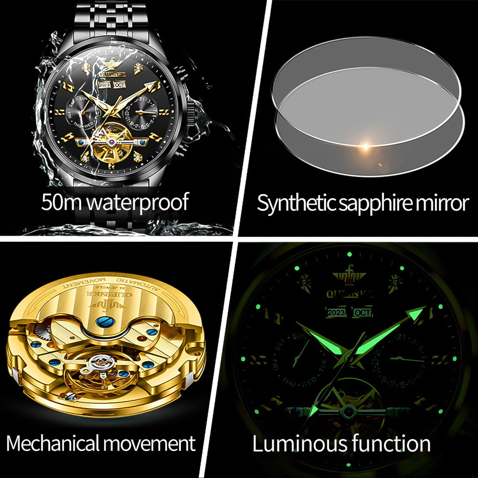 OUPINKE Men's Luxury Skeleton Automatic Mechanical Watch - Waterproof, Sapphire Crystal, Gold/Blue/Black/Green Dial - Perfect for Business, Formal Events & Everyday Wear