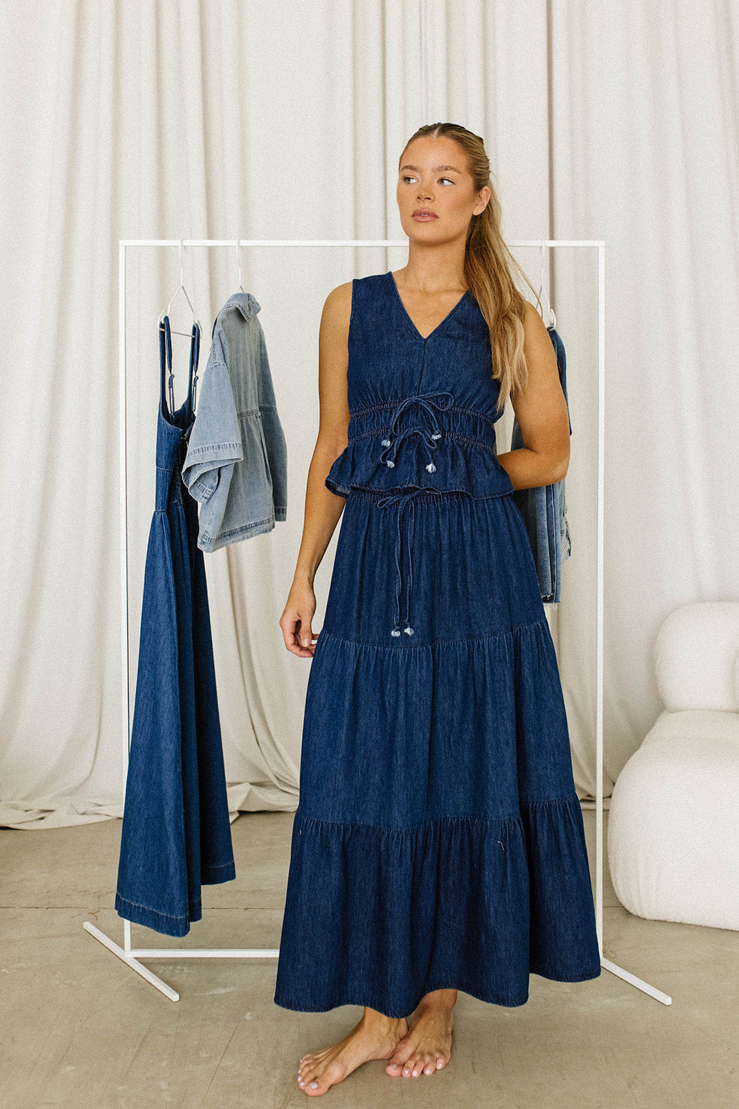 Noah Women's 100% Cotton Denim Peplum Top & Midi Skirt Set - Casual Outfit for Spring Summer | Office Wear, Date Night, Weekend Brunch