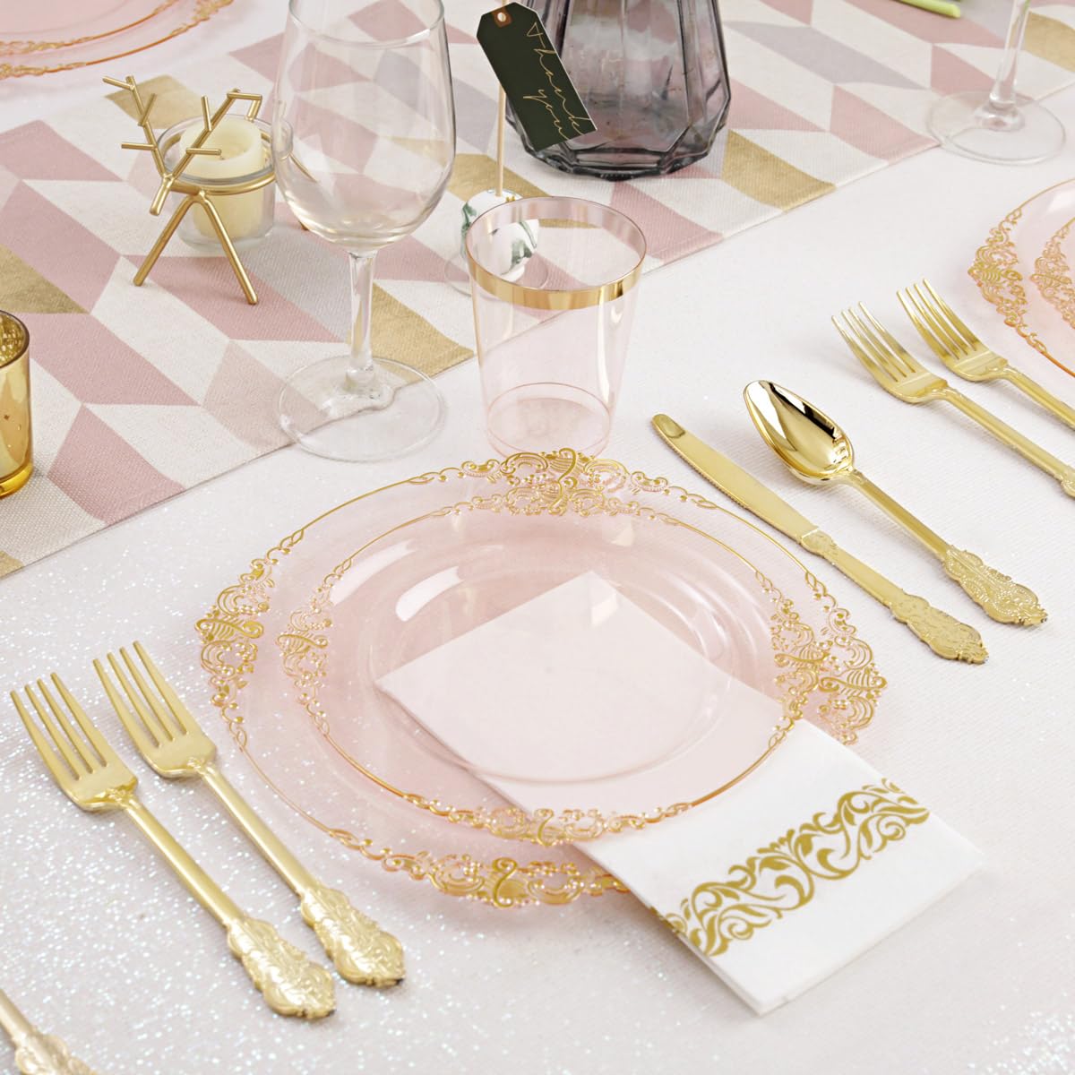 Hioasis 175-Piece Clear Pink Plastic Dinnerware Set - 25 Dinner Plates, 25 Dessert Plates, 25 Knives, 25 Forks, 25 Spoons, 25 Cups & 25 Napkins - Gold & Silver Plastic Cutlery - Perfect for Weddings, Birthday Parties, Baby Showers & Mother's Day Celebrations