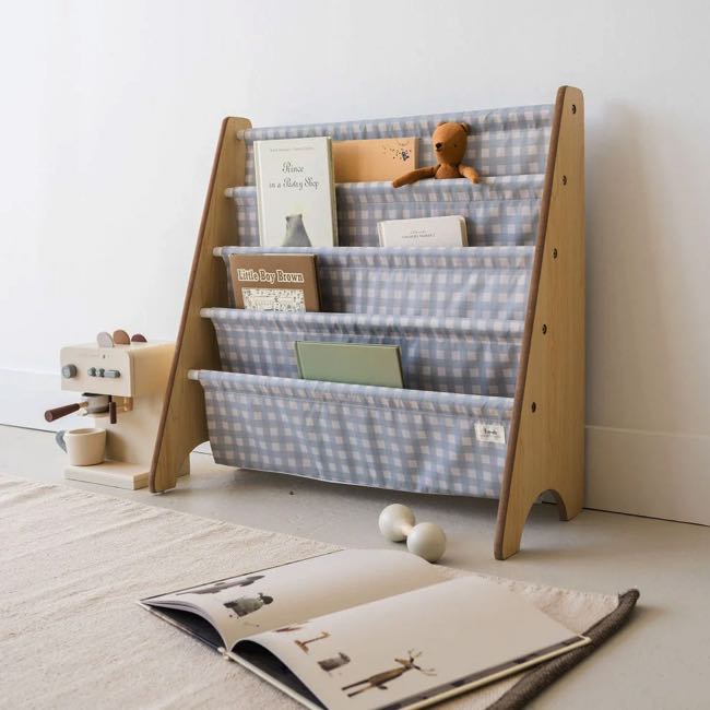 3 Sprouts Kids Book Rack Organizer - Blue Gingham Pattern Bookshelf for Nursery, Playroom & Classroom Storage | Perfect for Children's Books, Toys & Room Decor
