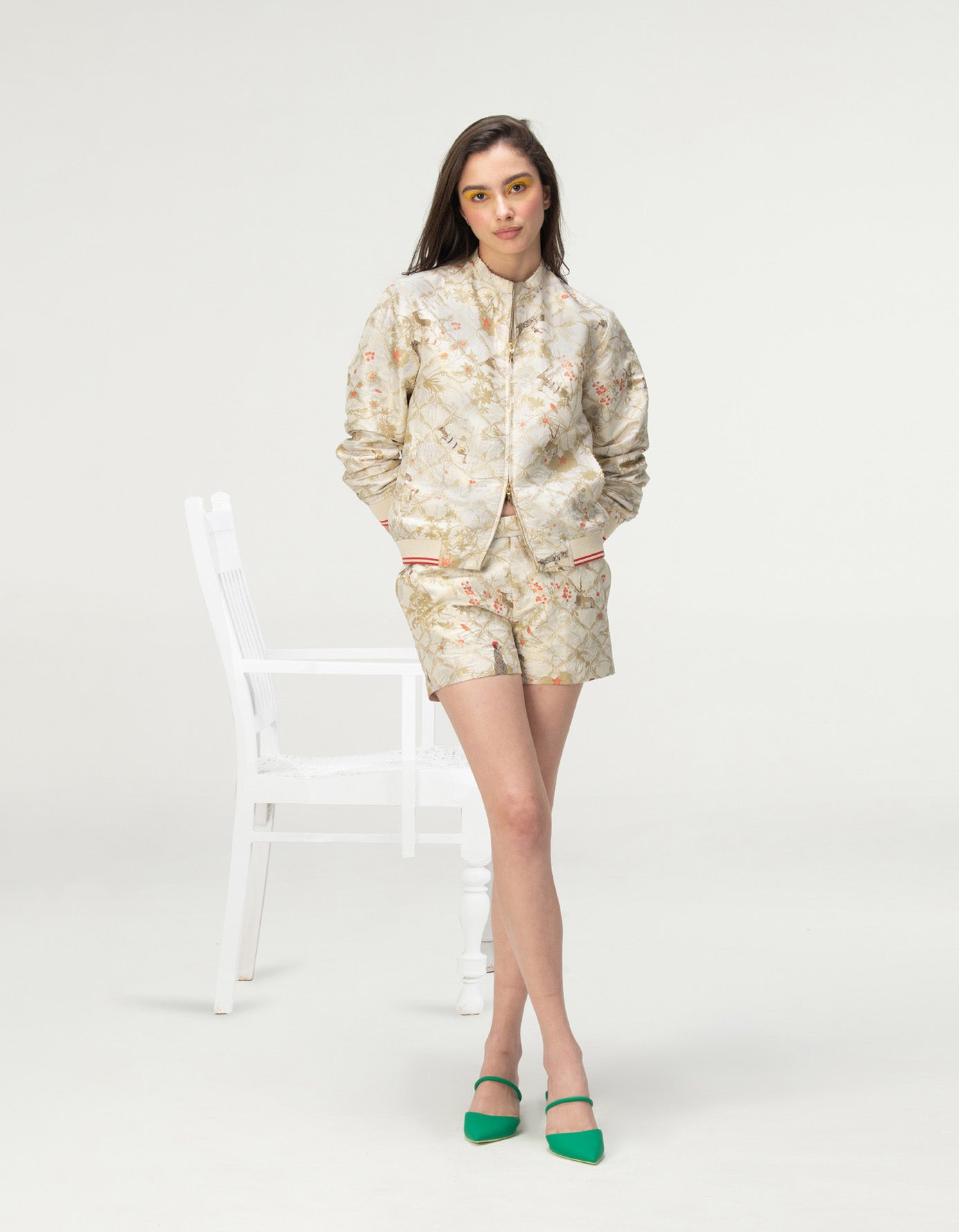 Elegant Ivory Silk Brocade Shorts for Women - Comfortable Summer Lounge & Sleepwear