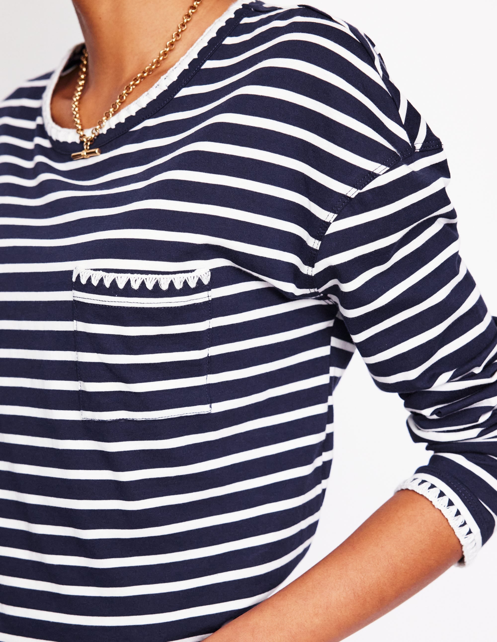 Blanket Stitch Boxy Top in Navy & Ivory - Casual Women's Loungewear for Home & Weekend Outings