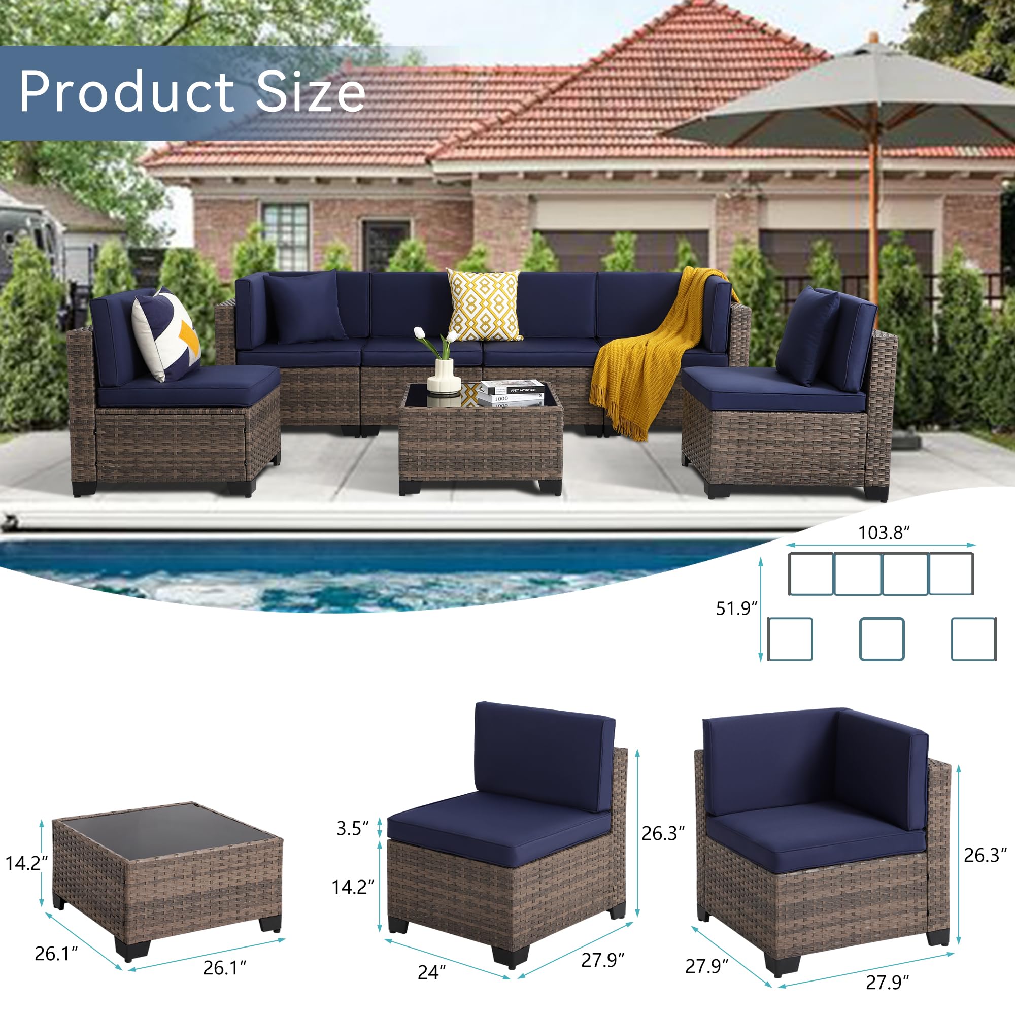 7-Piece Outdoor Patio Furniture Set - Rattan Wicker Sectional Sofa with Cushions & Glass Table - A-Brown-Navy Straight Back Conversation Seating for Garden, Poolside, and Backyard Relaxation