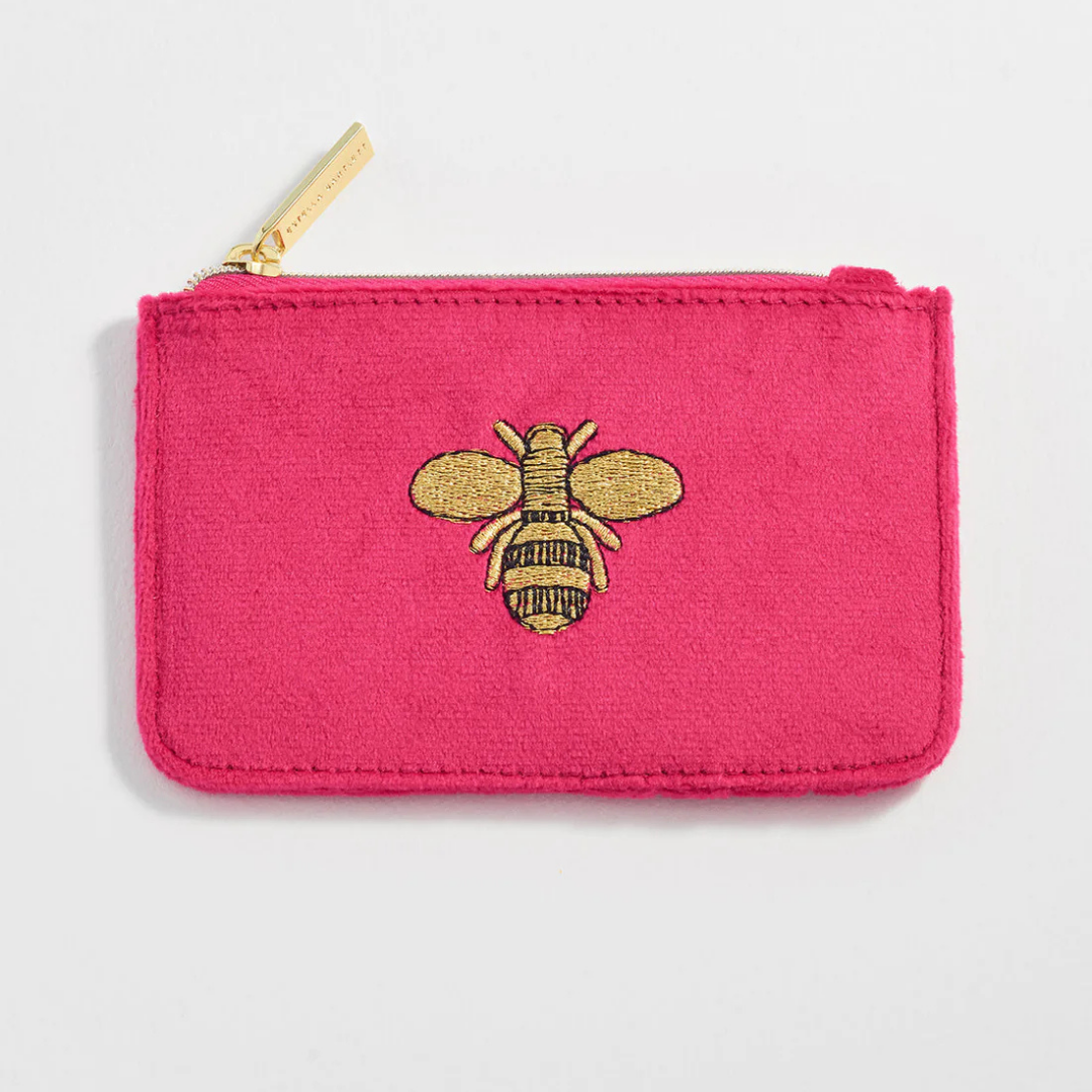 Estella Bartlett Embroidered Bee Card Holder - Hot Pink Velvet Wallet for Women | Perfect for Parties, Weddings & Everyday Use