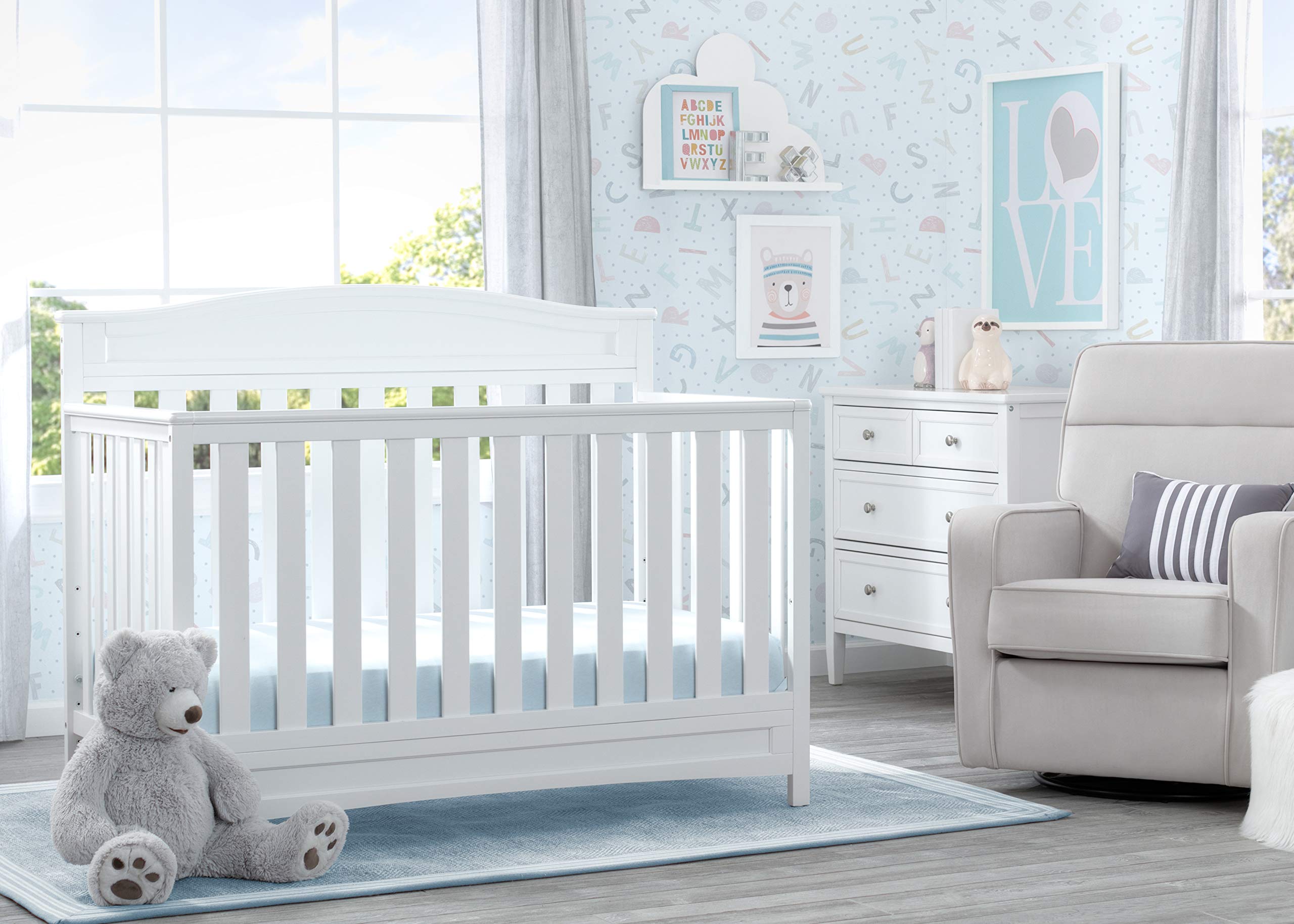 Delta Children Emery 4-in-1 Convertible Crib in White with Serta Perfect Slumber Dual-Sided Eco-Friendly Crib Mattress - Nursery Furniture Set for Baby & Toddler | Safe Sleep Solution for Newborns to Big Kids