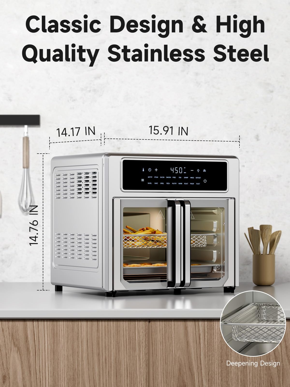 Kitchen Elite® 26.4 Qt Air Fryer Toaster Oven Combo - Large Countertop French Door Oven with 18 Presets, Preheat & Light Function, Multi-Layer Cooking, Easy Clean Stainless Steel - Perfect for Baking, Roasting, Air Frying & Family Meals