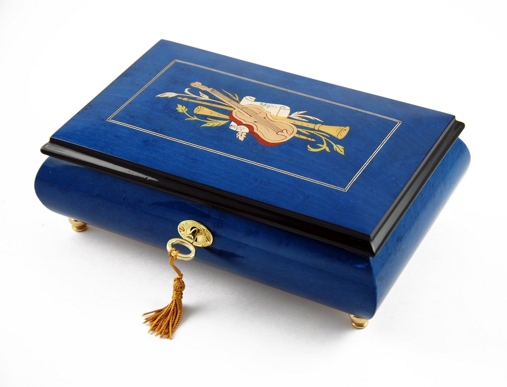 Royal Blue 36-Note Musical Jewelry Box with Floral Wood Inlay - Plays Lara's Theme & Love Story - Perfect for Gift Giving & Jewelry Storage