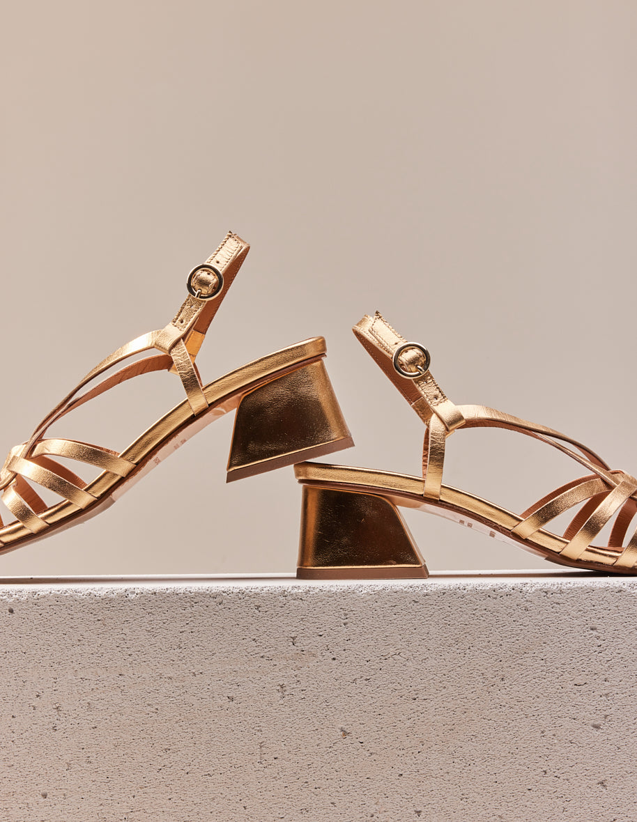 Emilie Gold Leather Heeled Sandals - Elegant Women's Dress Sandals for Weddings, Parties & Evening Events