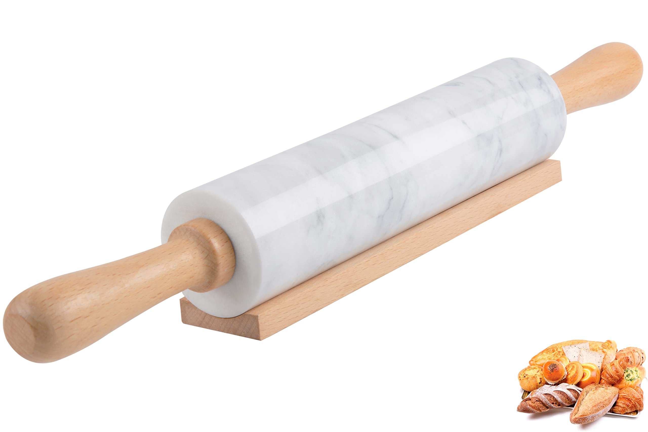 Premium 18.5 Inch White Marble Rolling Pin with Wooden Cradle - Thick Handle Baking Roller for Pizza Dough, Fondant, Pie Crust - Non-Stick Surface & Easy to Clean - Perfect for Home Baking, Pastry Making & Cookie Decorating