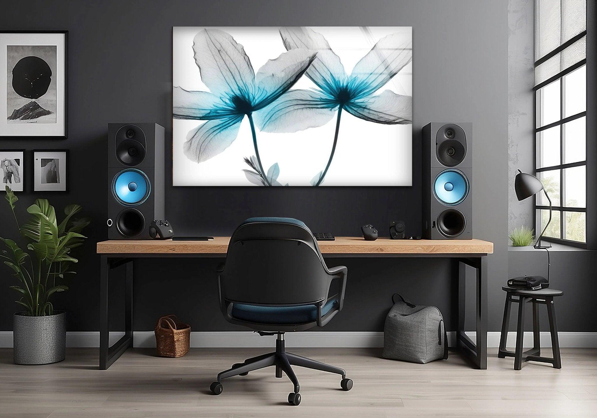 Albert Koetsier Blue X-Ray Flower Glass Wall Art - Modern Home Decor for Living Room, Bedroom & Office - Unique Handmade Glass Artwork