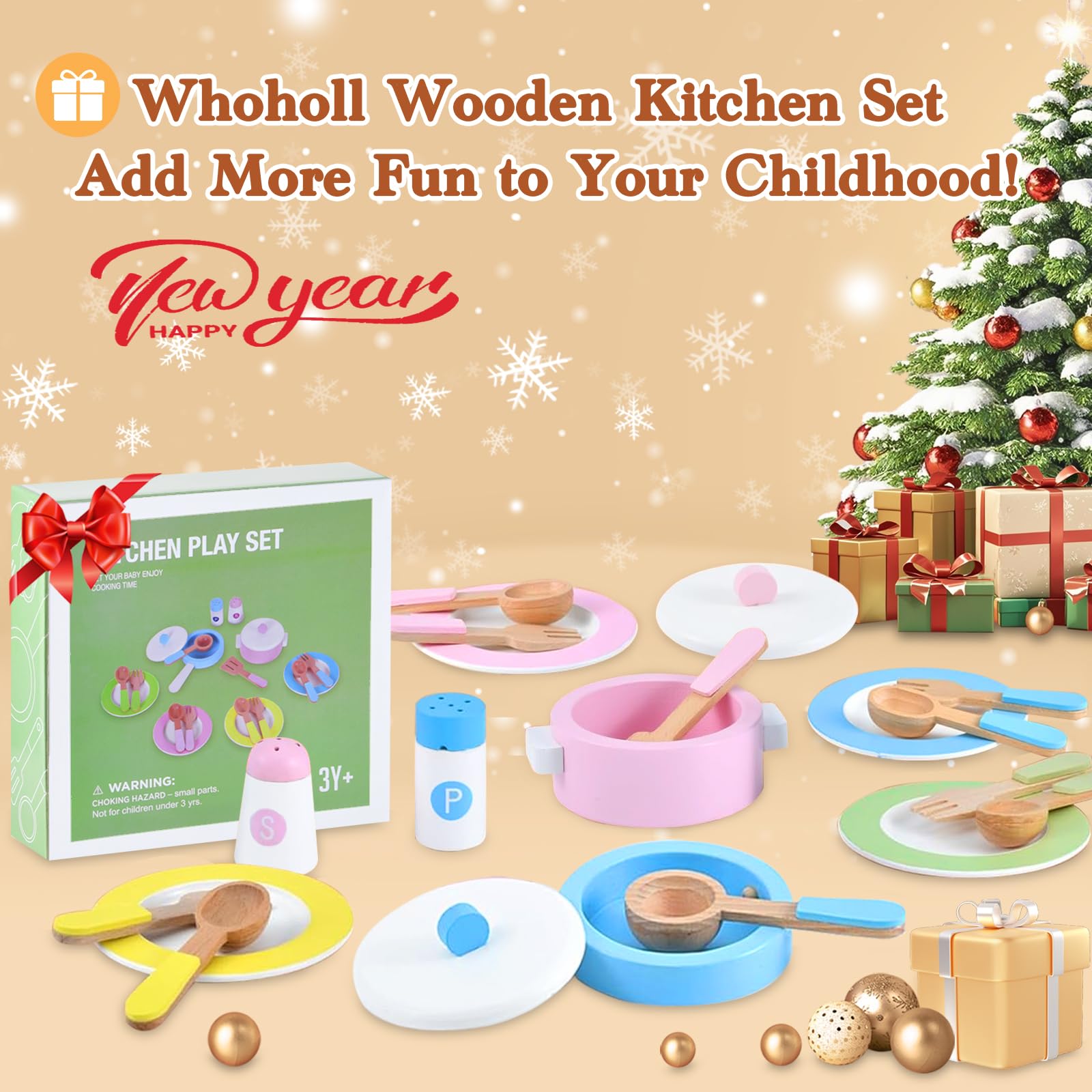 WHOHOLL Wooden Toy Kitchen Set for Kids 1-5 - Pretend Play & Montessori Learning - Perfect Christmas Birthday Gift