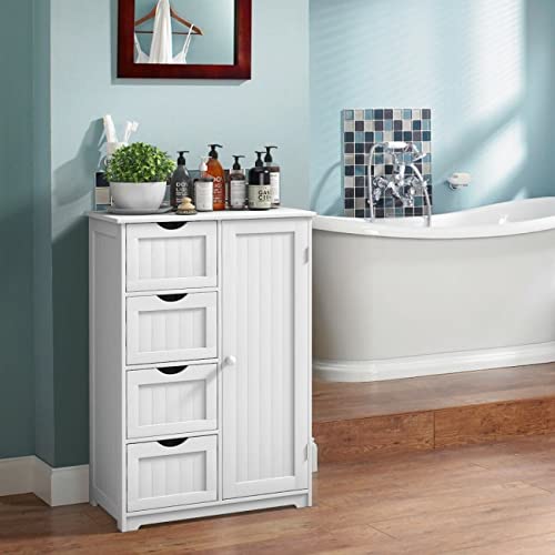 White Wooden Bathroom Storage Cabinet - 4 Drawer Free Standing Floor Organizer with Adjustable Shelf | Perfect for Bathroom, Bedroom & Closet Organization