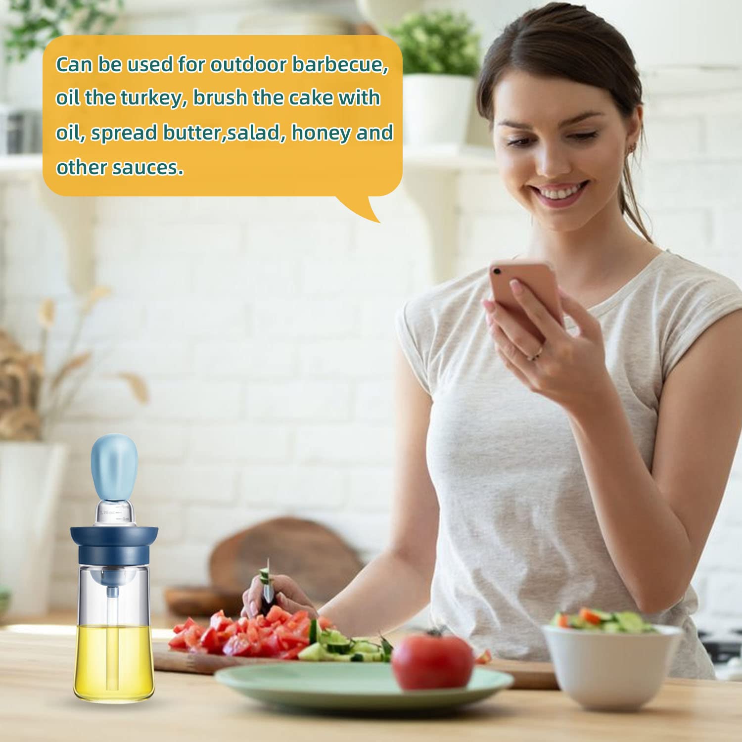 Premium Glass Oil Bottle with Silicone Brush - 2-in-1 Olive Oil Dispenser for Kitchen, Cooking, BBQ, Grill & Air Fryer - Perfect for Basting, Marinating & Salad Dressing (Blue)