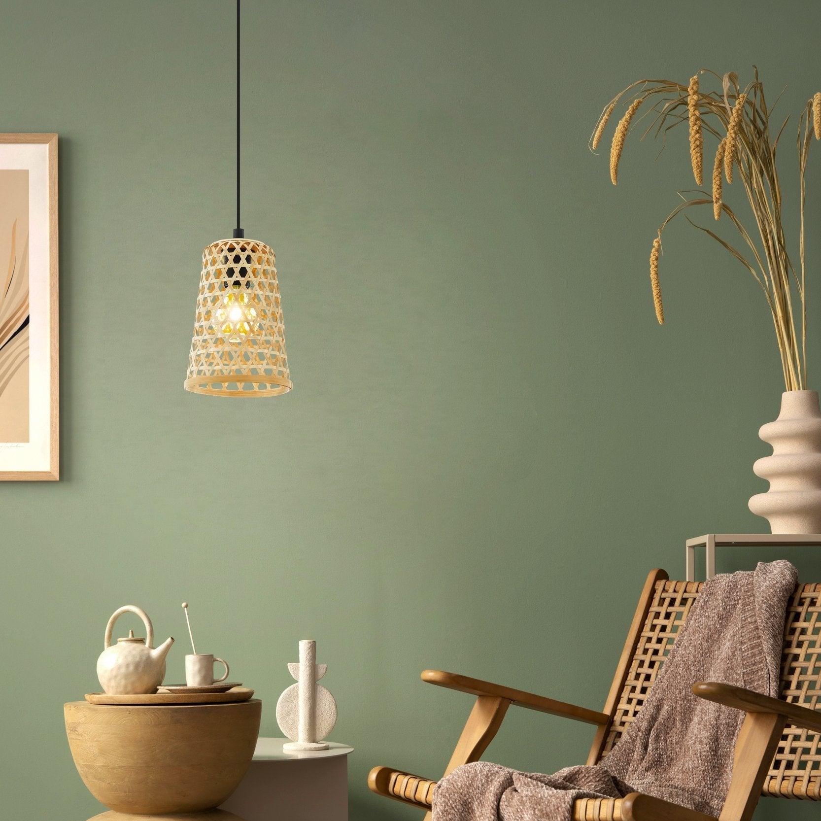 Eglo Claverdon Rattan Wicker Ceiling Pendant Light - Funnel Shaped Natural Fiber Chandelier for Dining Room, Kitchen, or Bedroom Lighting