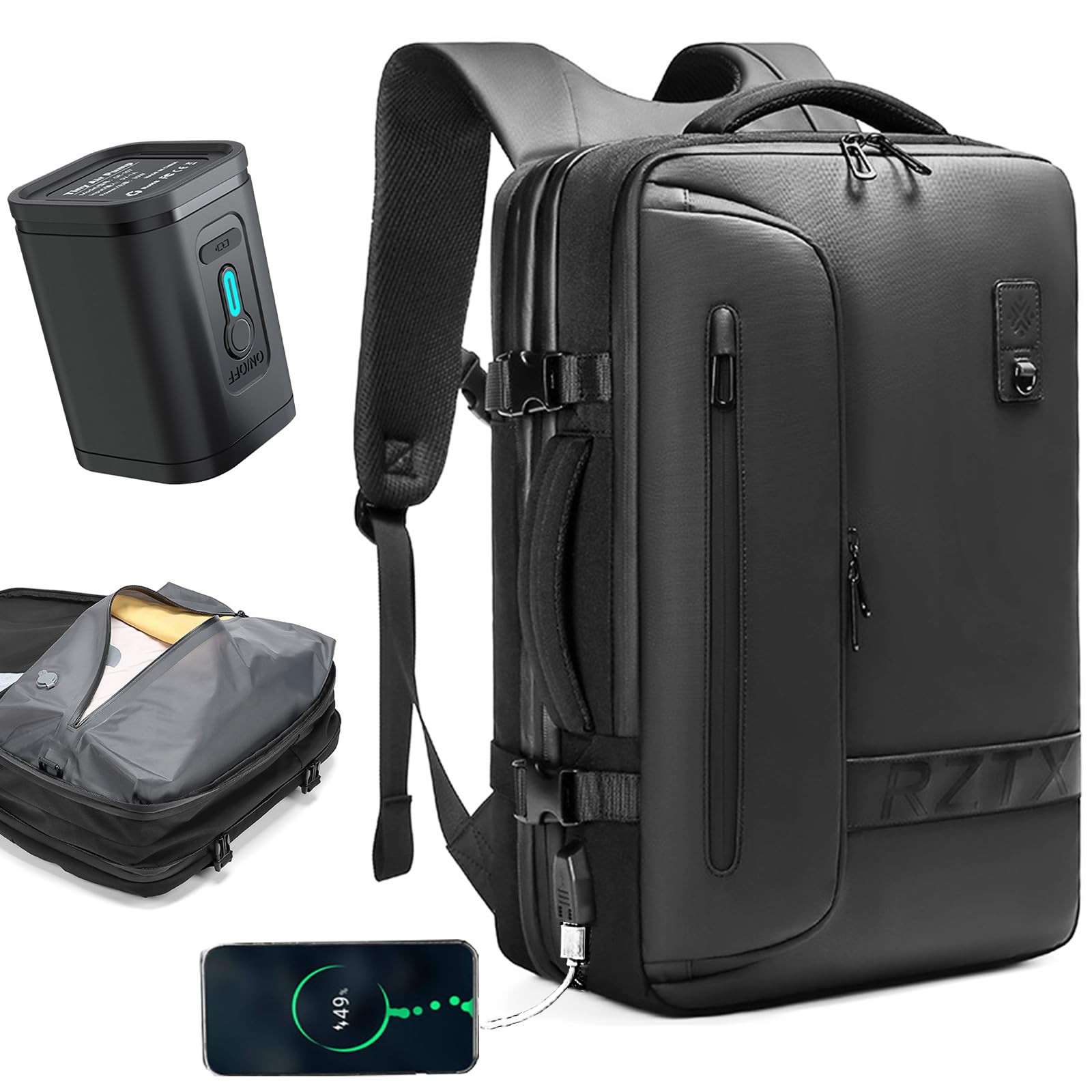 16 Gallon Expandable Vacuum Backpack with Sealed Compression System - Travel & Carry On Luggage with Air Pump (Black) - Perfect for Camping, Hiking & Air Travel