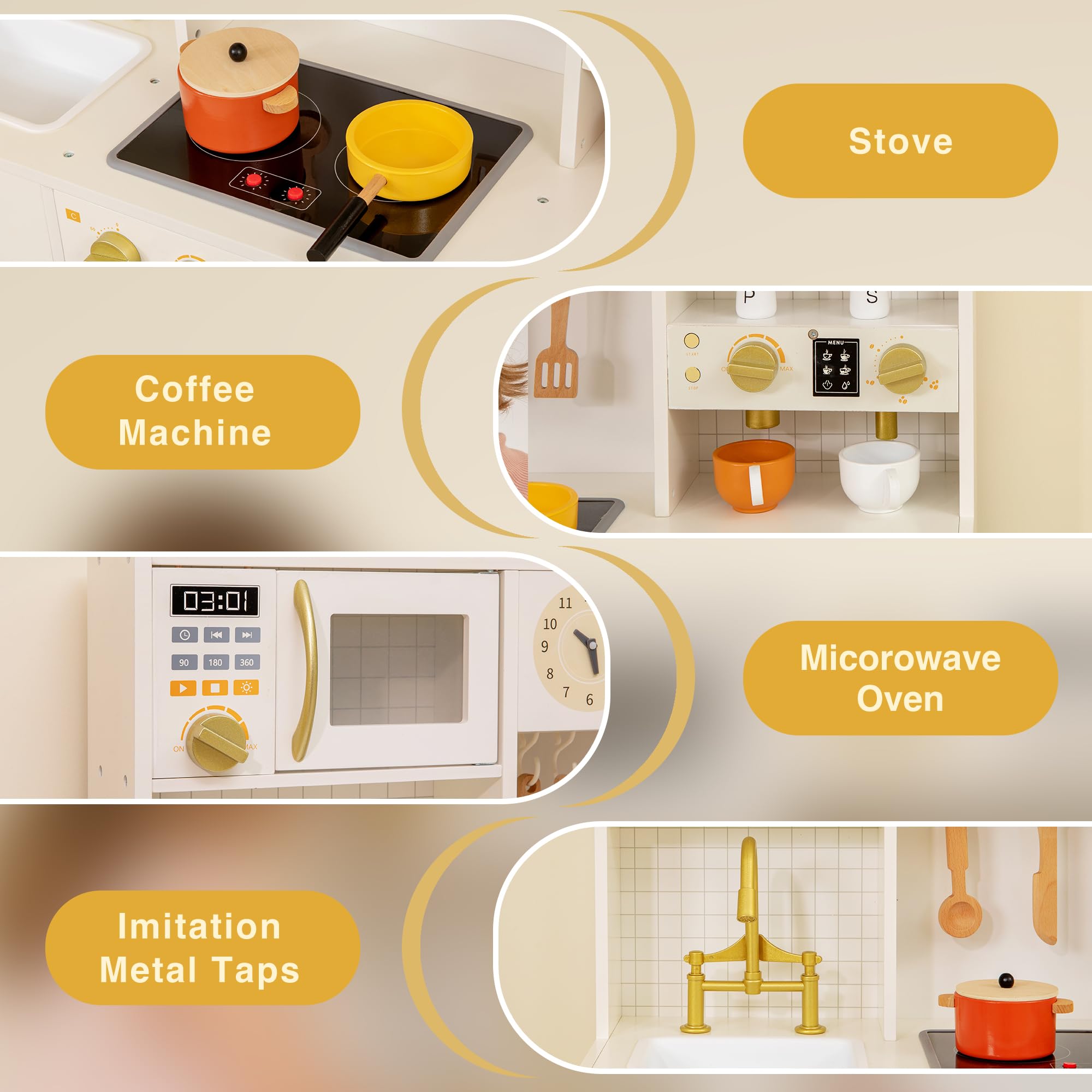 Modern Wooden Play Kitchen Set for Kids - Toy Kitchen with Oven, Ice Maker & Coffee Maker | Pretend Play Cooking Toys for Toddlers 3+ Years | Perfect Gift for Birthday & Christmas | Encourage Imaginative Play in Daycare or Home