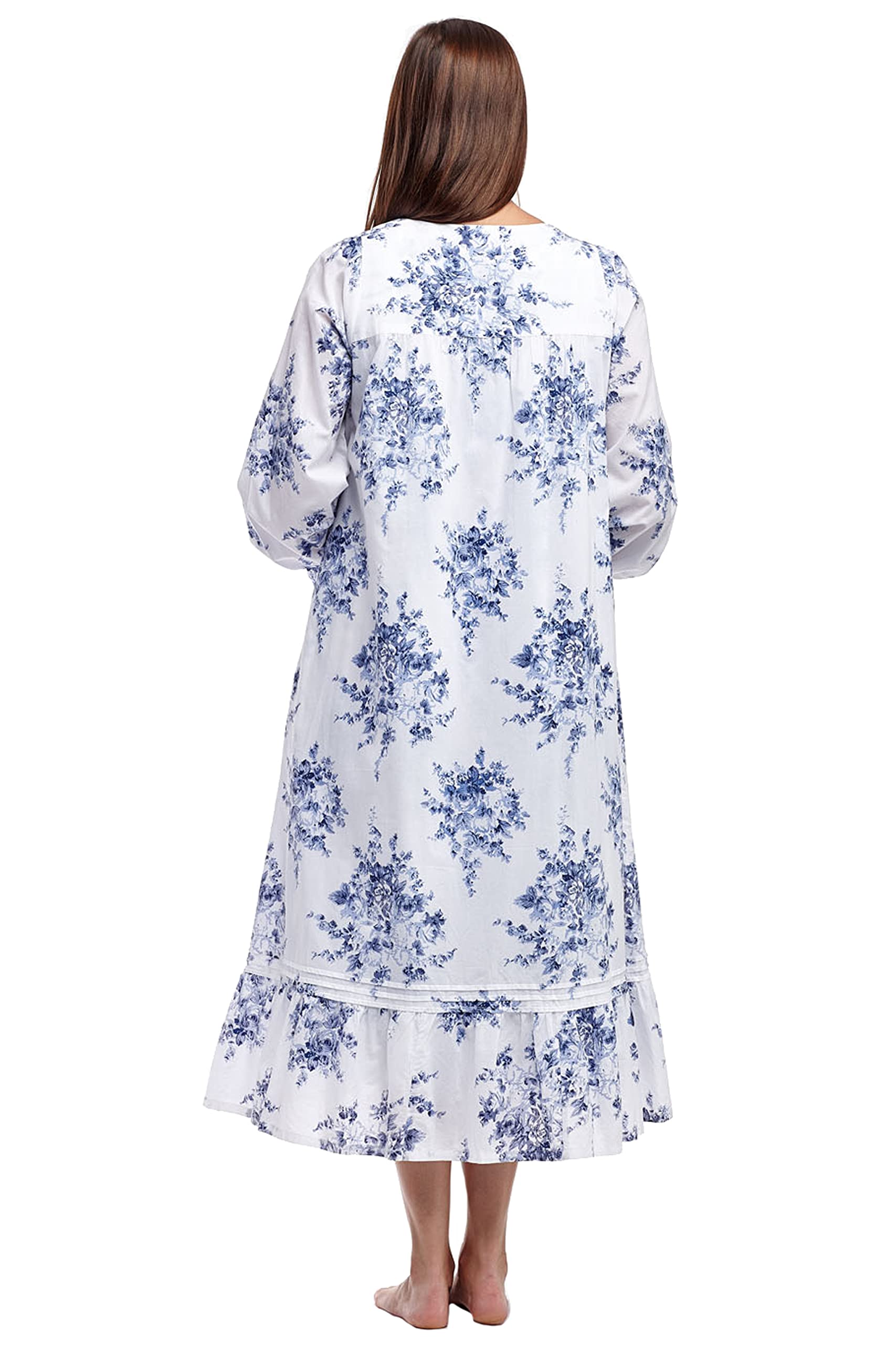 LA CERA Women's Cotton Lace Nightgown - Long Sleeve Floral Print Maxi Dress with Ruffles & Lace Trim Neckline | Comfortable Sleepwear for Women | Perfect for Bedtime, Lounging & Romantic Nights