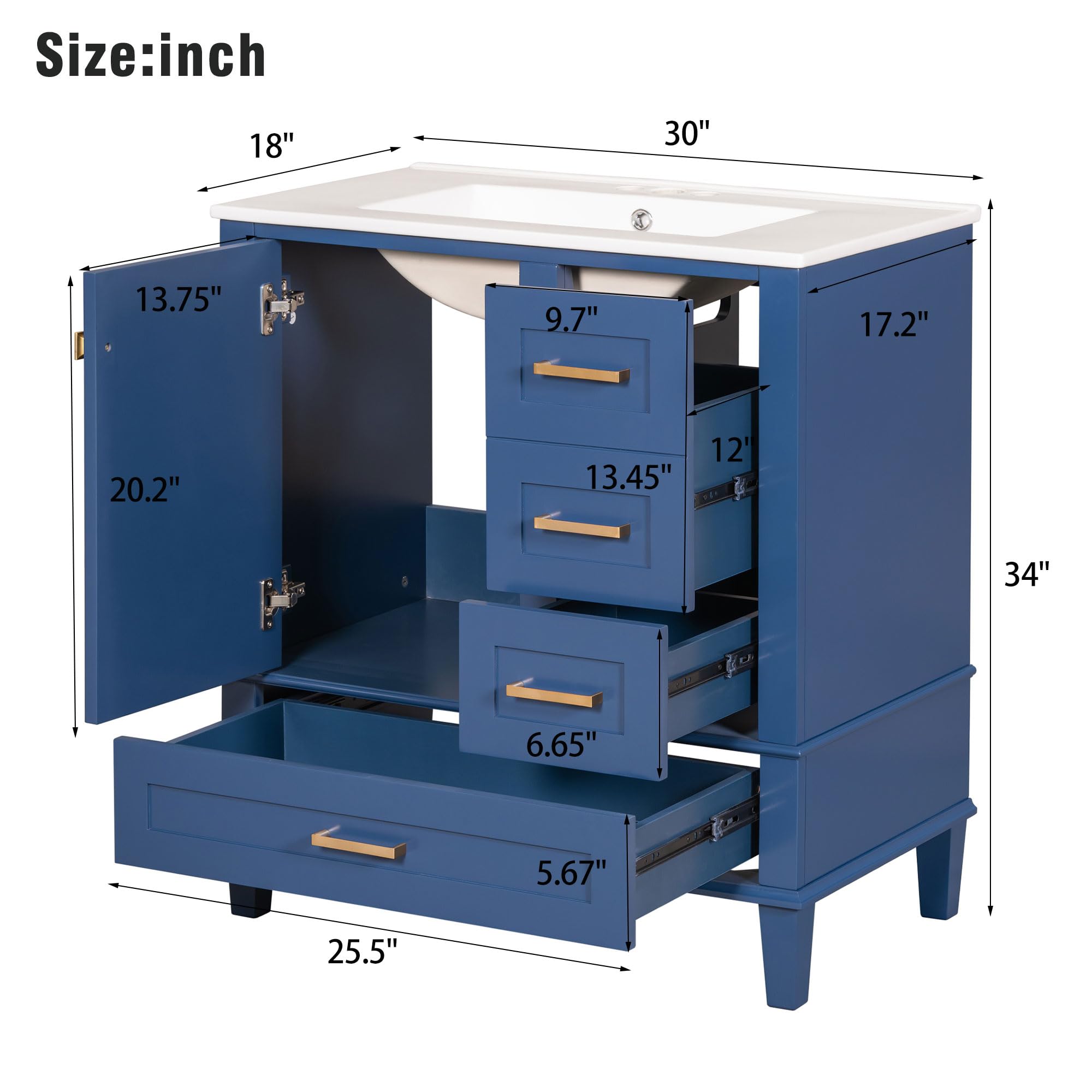 **30-inch Navy Blue Bathroom Vanity with Sink - Solid Wood Cabinet, 2 Drawers + 1 Tip-Out Drawer, Soft-Close Doors, Easy Assembly - Perfect for Modern & Coastal Bathroom Decor**