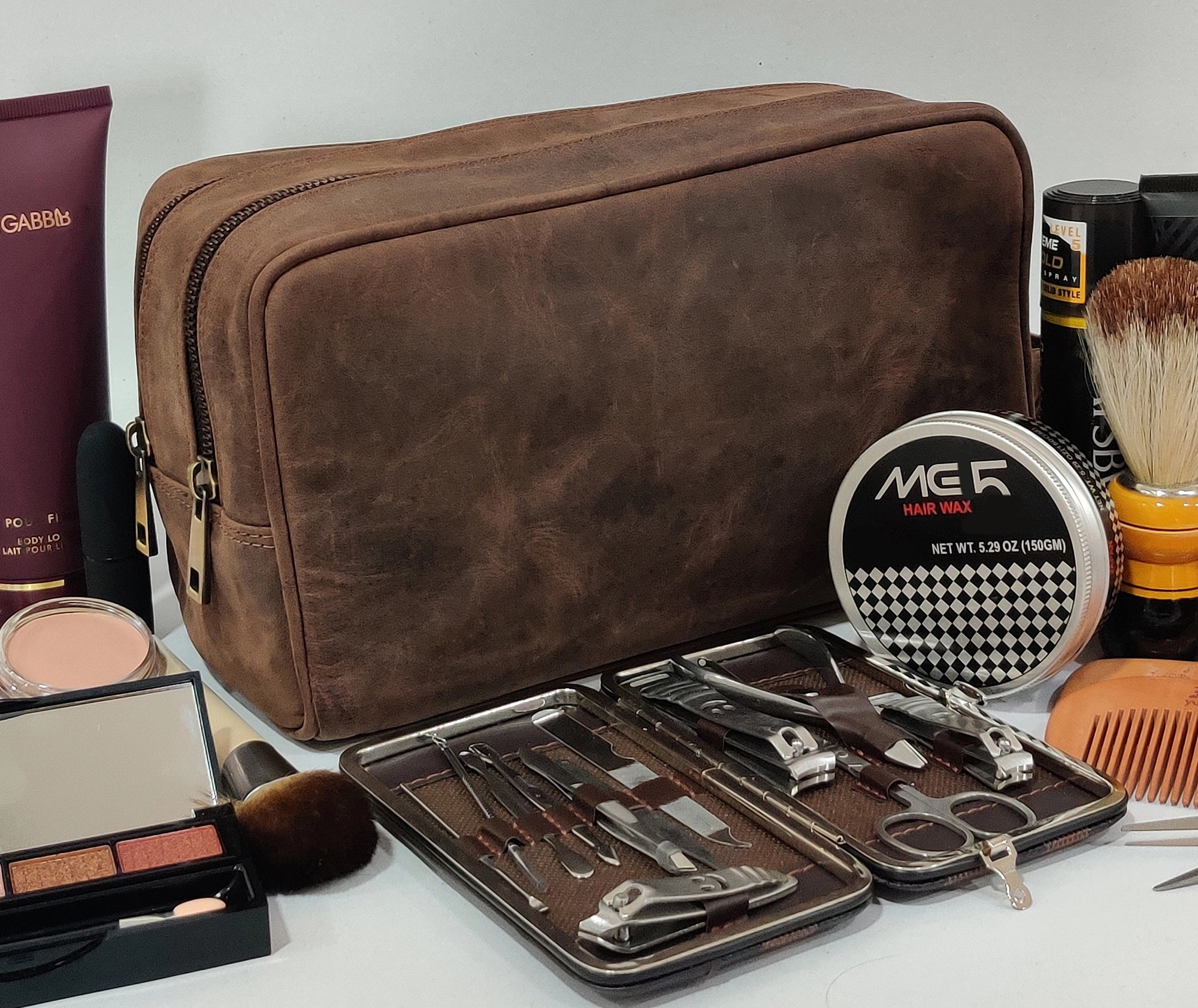 Johnny Men's Genuine Leather Travel Dopp Kit Toiletry Bag - Dark Brown for Business Trip, Gym & Weekend Getaway