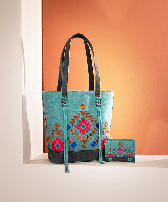Montana West Aztec Embroidered Tote Bag Set for Women - Stylish Boho Shoulder Bag with Handmade Tribal Patterns - Perfect for Travel, Beach, Shopping & Everyday Use