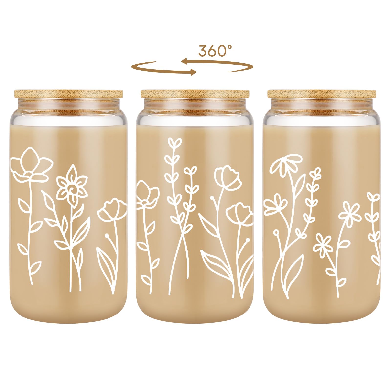 Coolife 16oz Floral Iced Coffee Glass Cup with Lid & Straw - Aesthetic Matcha Tumbler for Women, Perfect Mother's Day/Birthday Gift for Mom, Wife, Daughter - Great for Iced Coffee, Matcha, Bubble Tea at Home, Office or Cafe