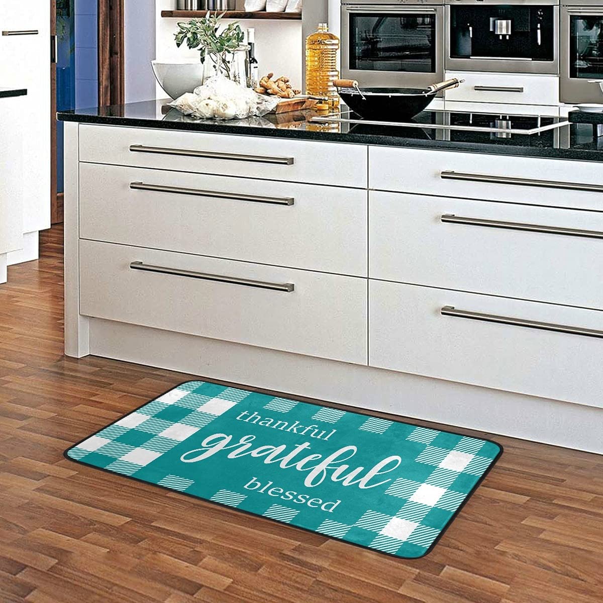 Buffalo Check Sunflower Kitchen Rug - Washable Non-Slip Floor Mat for Kitchen, Turquoise Plaid Anti-Fatigue Comfort Mat - Perfect for Farmhouse Decor & High-Traffic Areas