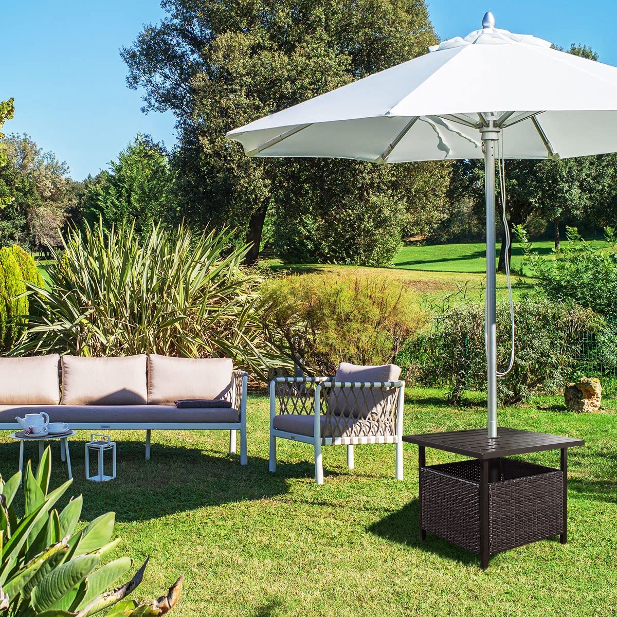 Outdoor Bistro Table - Rattan Wicker & Steel Side Deck Dining Table with Umbrella Hole - Perfect for Patio, Garden, and Poolside Dining
