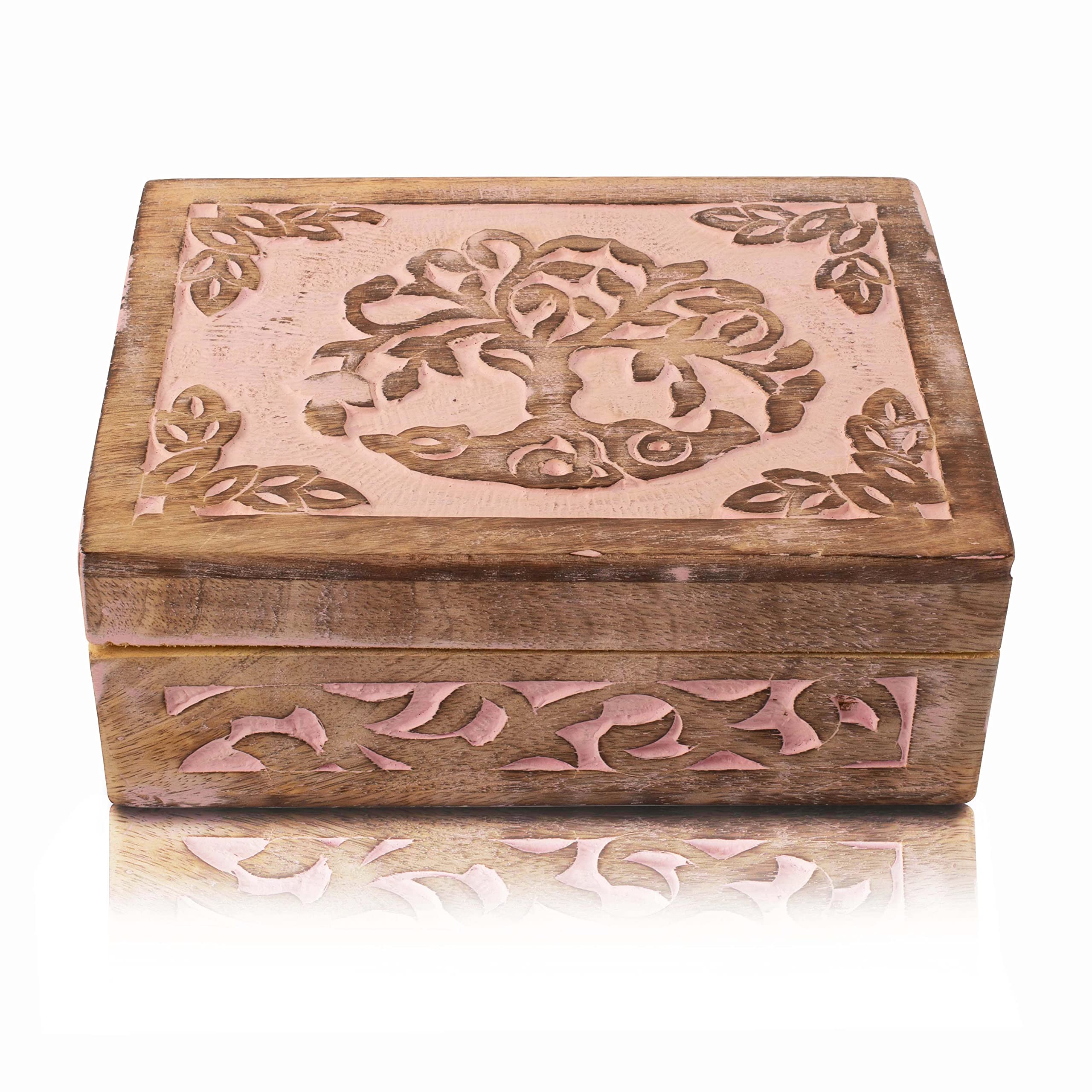 Handmade Wooden Jewelry Box with Tree of Life Carving - Pink Jewelry Organizer, Keepsake Box, Watch Storage & Trinket Holder - Perfect Birthday, Housewarming Gift for Women - Ideal for Travel, Bedroom Dresser & Gift Giving