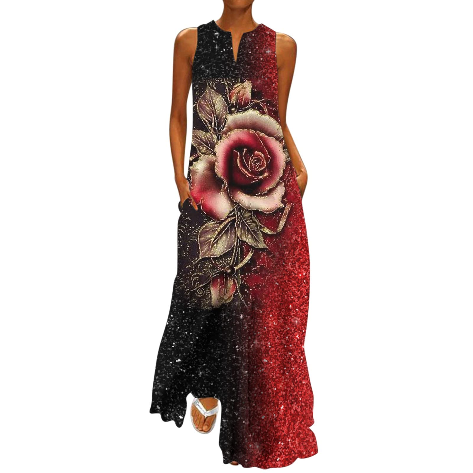 Keepfit Women's Sleeveless Maxi Dress - High Waist Flowy Summer Dress with Casual Print | Perfect for Beach Vacations, Garden Parties & Date Nights
